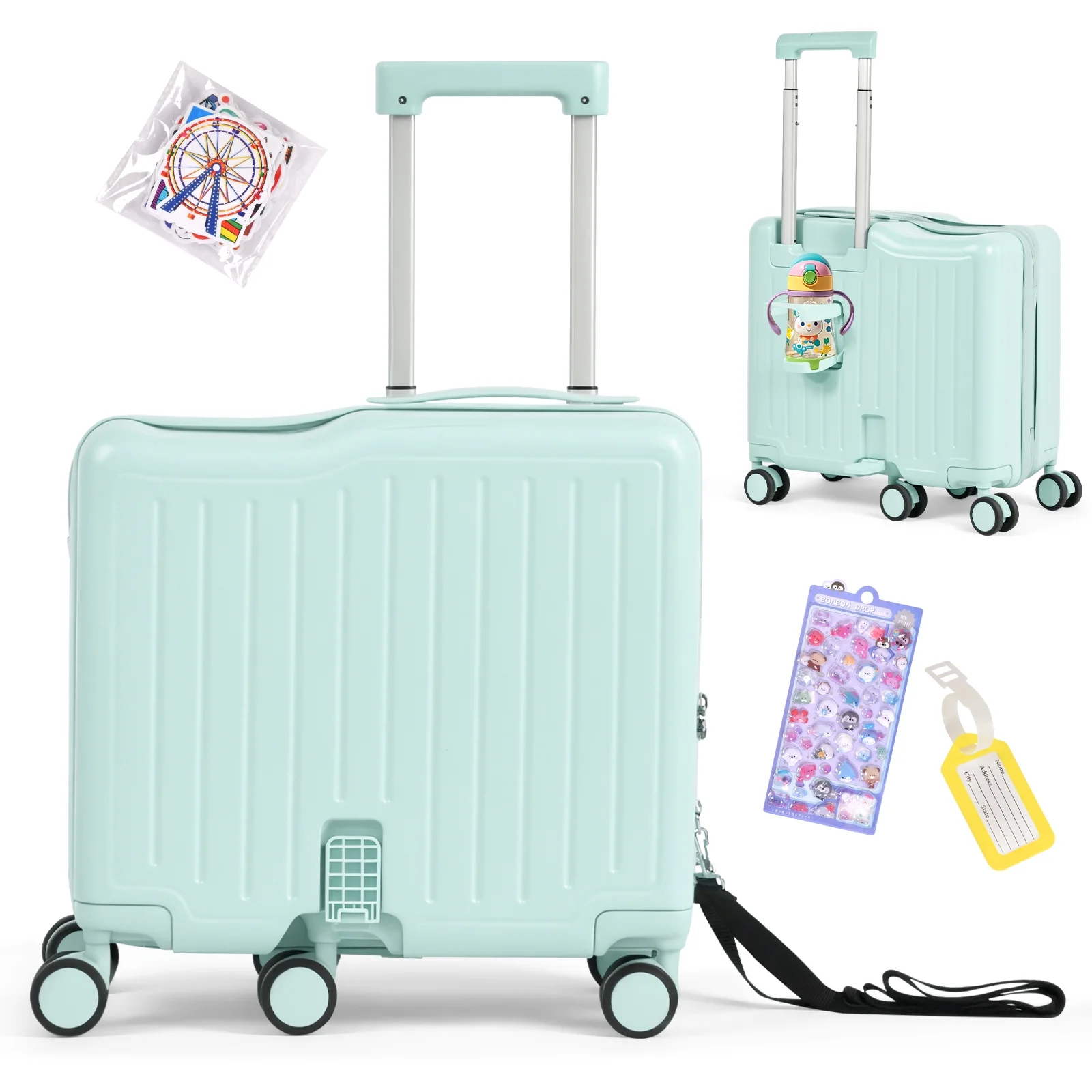 Advwin Ride-On Kids Luggage with Pull Strap, Footrests, Cup Holder, 6 Wheels & Adjustable Handle, 18-Inch Spinner Suitcase with Stickers & Boarding Pass, Pink - Image 11