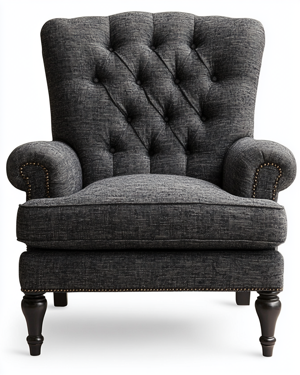 Sillón vintage en lino gris oscuro con respaldo capitoné y patas de madera