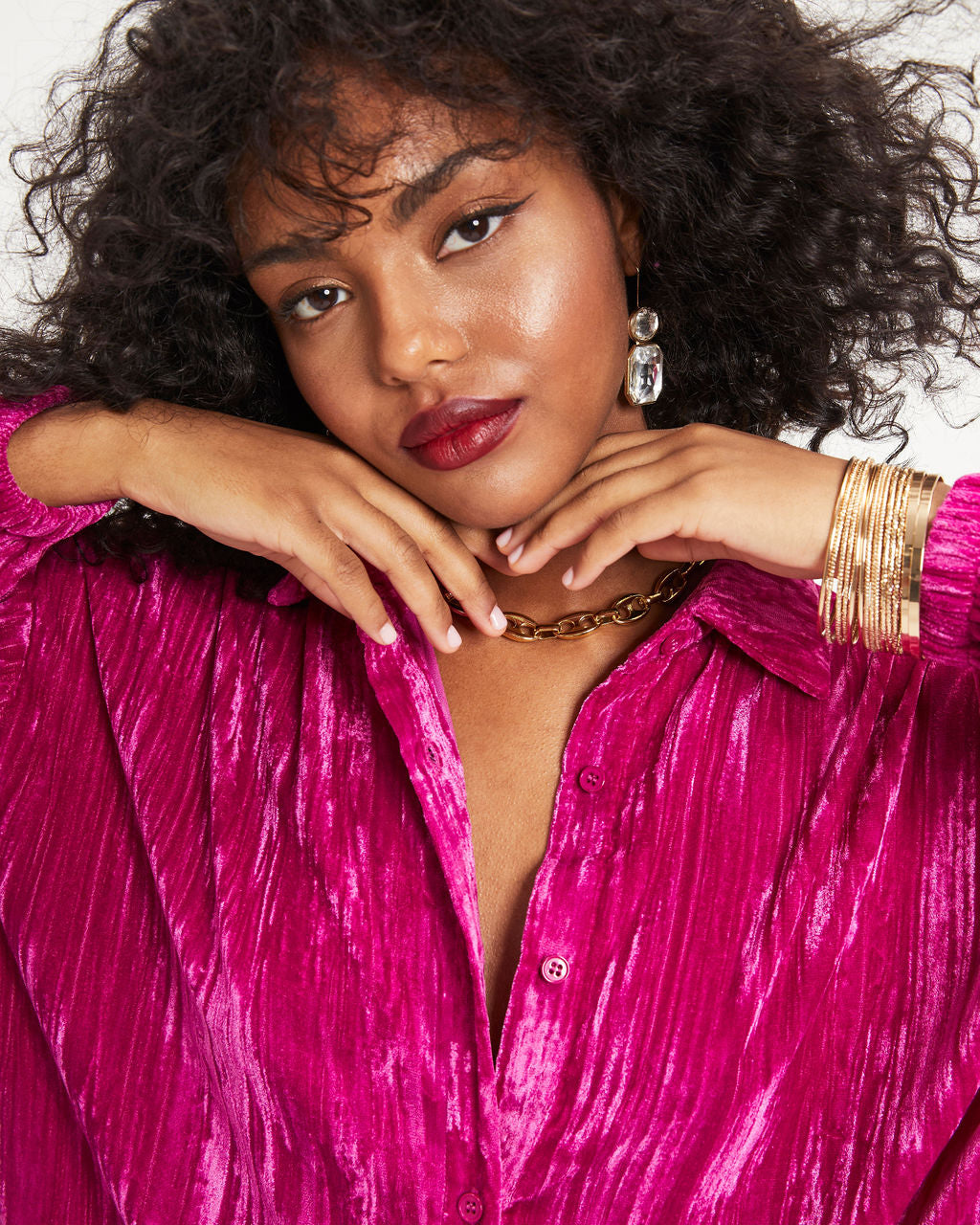 Avalina Textured Velvet Button Down Shirt Dress - Fuchsia - Se7enfashion