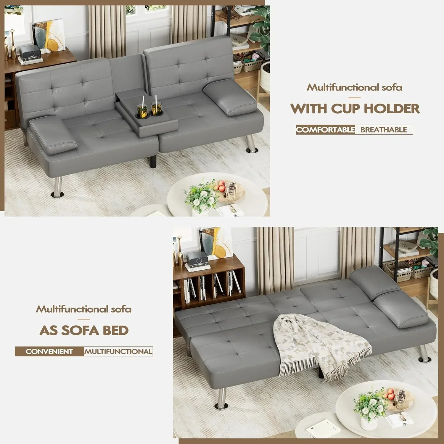 Homall Futon Sofa Bed Leather Futon Couch with Armrests Adjustable Recliner Sleeper Sofa Bed