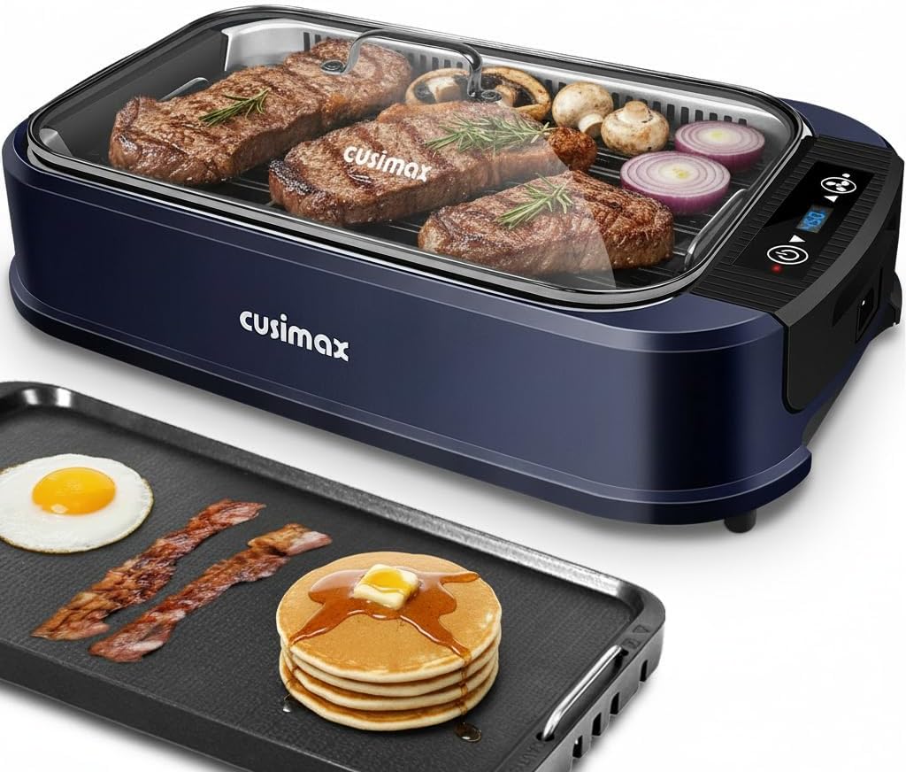 Indoor Grill, CUSIMAX Smokeless Grill Indoor, 1500W Electric Grill Griddle Korean BBQ with LED Smart Display & Tempered Glass Lid, Non-stick Removable Grill Plate & Griddle Plate, Black