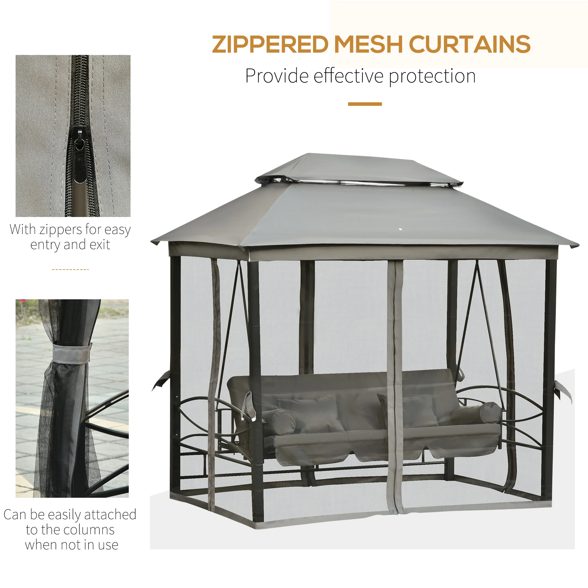 Outsunny 3 Person Patio Swing Chair, Gazebo Swing with Double Tier Canopy, Cushioned Seat, Mesh Sidewalls, gray - Image 6