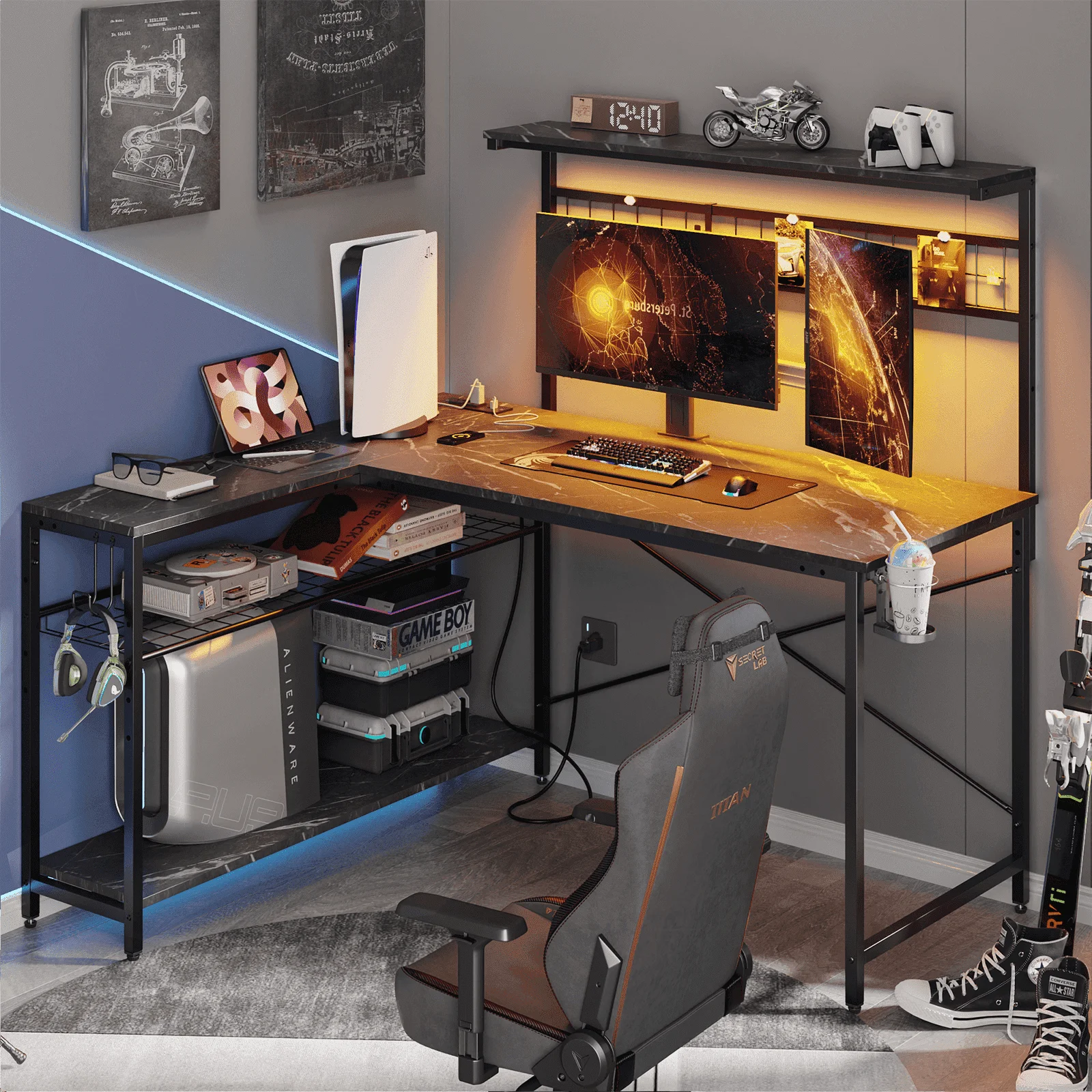 Bestier 51 L Shaped Gaming Desk with Power Outlets & LED Light, Computer Desk with 4 Tiers Shelves for Home Office, Reversible Gamer Table with Hooks and Cup Holder, Carbon Fiber - Image 34