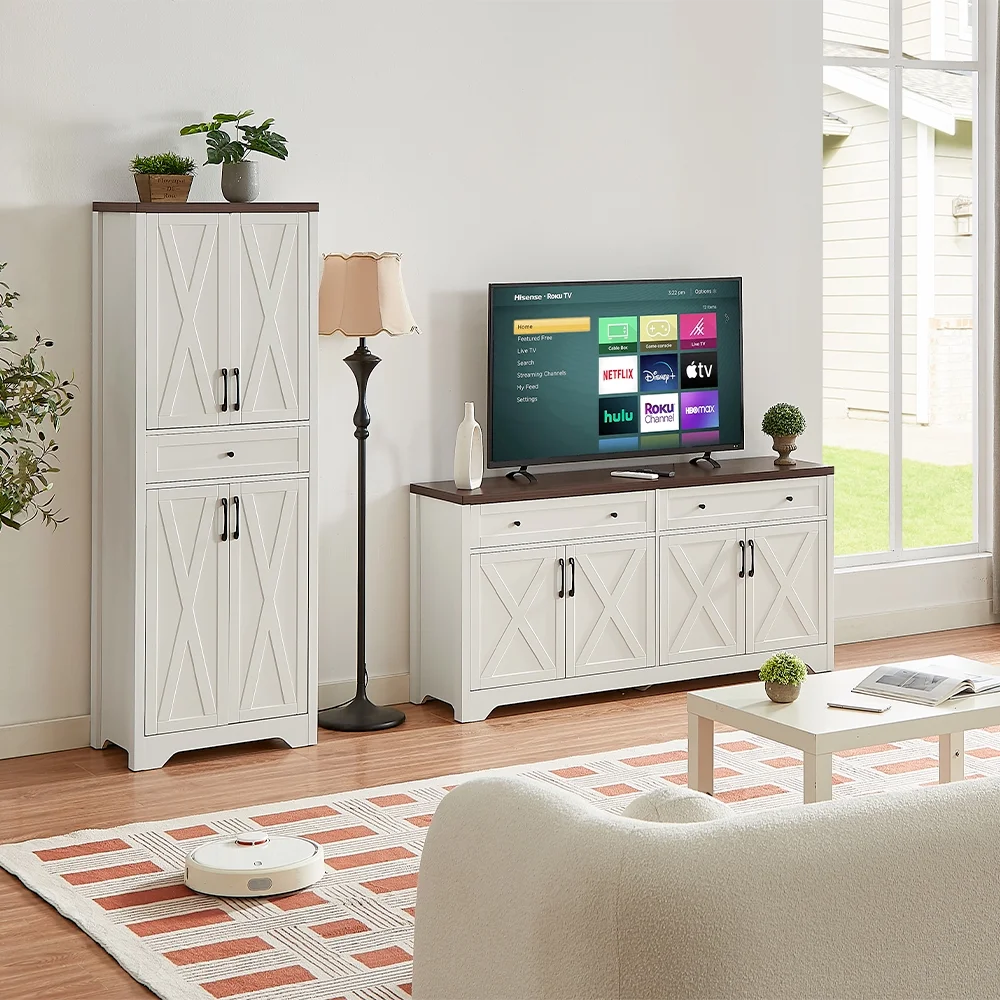 TrumanPick 61"H Large Buffet Sideboard Cabinet, TV Cabinet, Kitchen Pantry for Dining Room, Living Room, 61.3''L x 15''W x 29.8''H, White/Walnut - Image 55