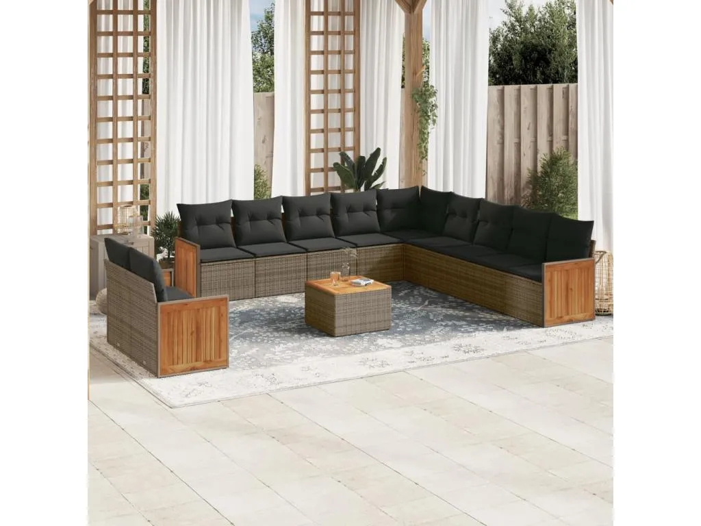 Set de sofás de jardín 12 piezas con cojines ratán sintético gris