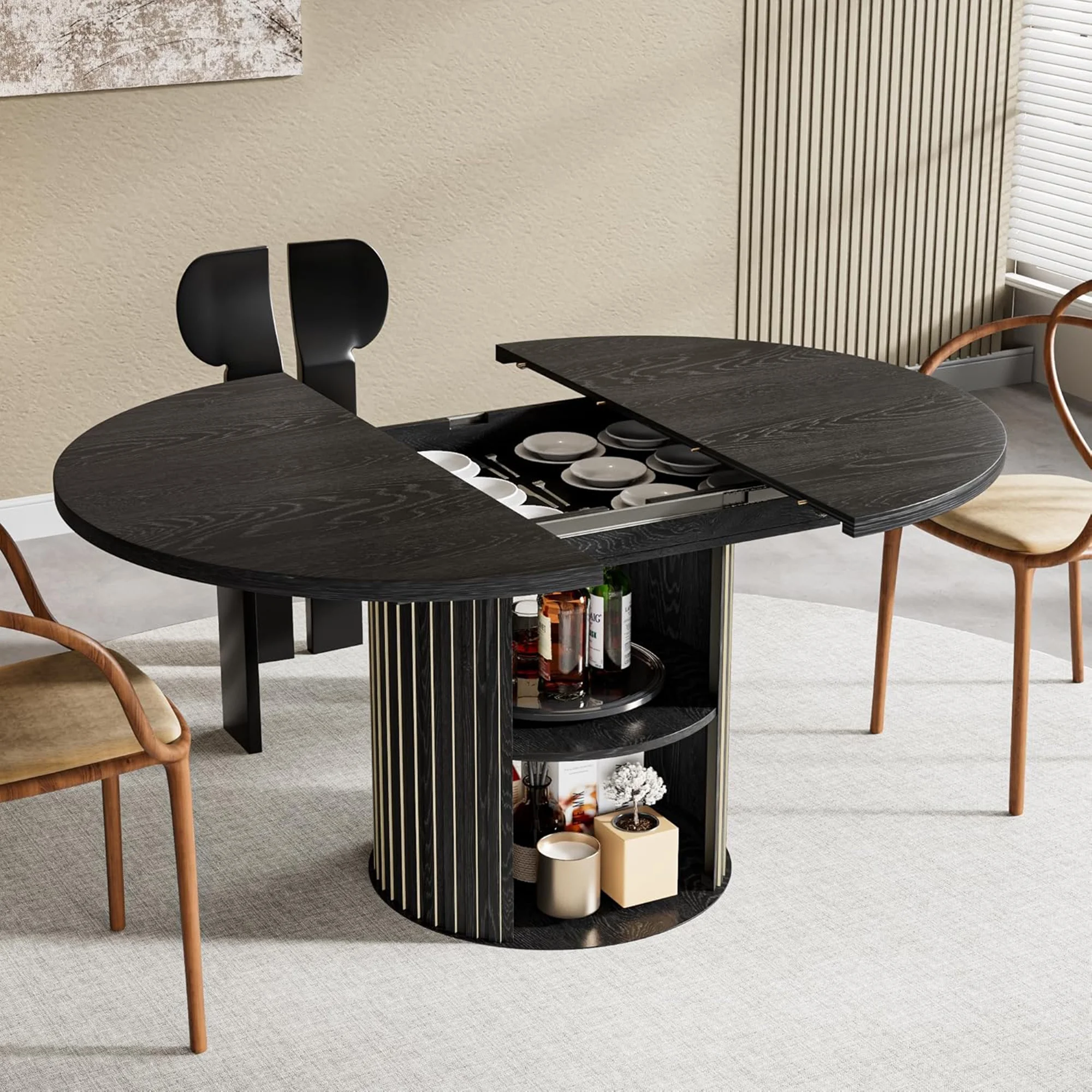 Extendable Dining Table for 4-6, Round Kitchen Table with Storage Shelf, Oval Dining Tables for Living Room (Walnut) - Image 12