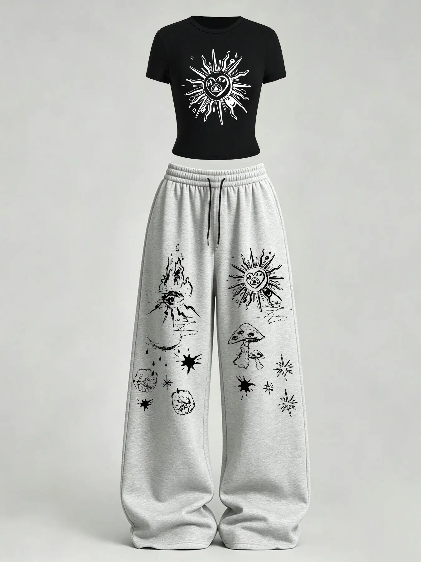Women's Hand-Drawn Star Moon Fitted Short Sleeve Top + Loose Casual Straight Leg Pants Set TeeThreads Sustain the Scene with Custom Apparel