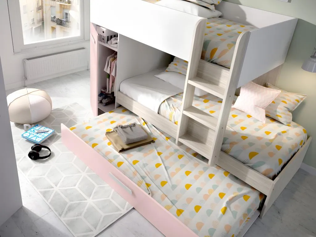 Litera con cama Patriciabaezcasa y compartimentos 3x90x190 cm - Blanco natural y rosa - Patriciabaezcasa