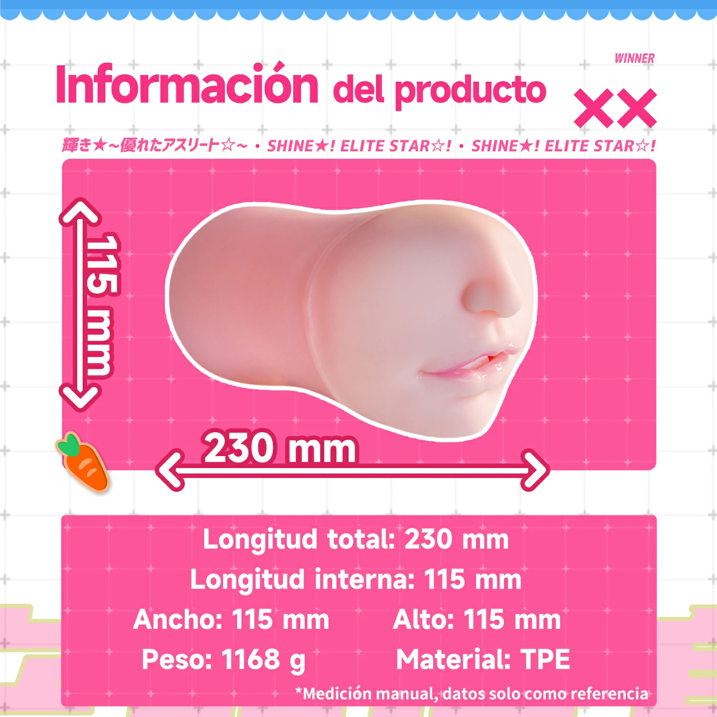 Información de medidas del masturbador bucal Dr.YUU Rin con material TPE suave.