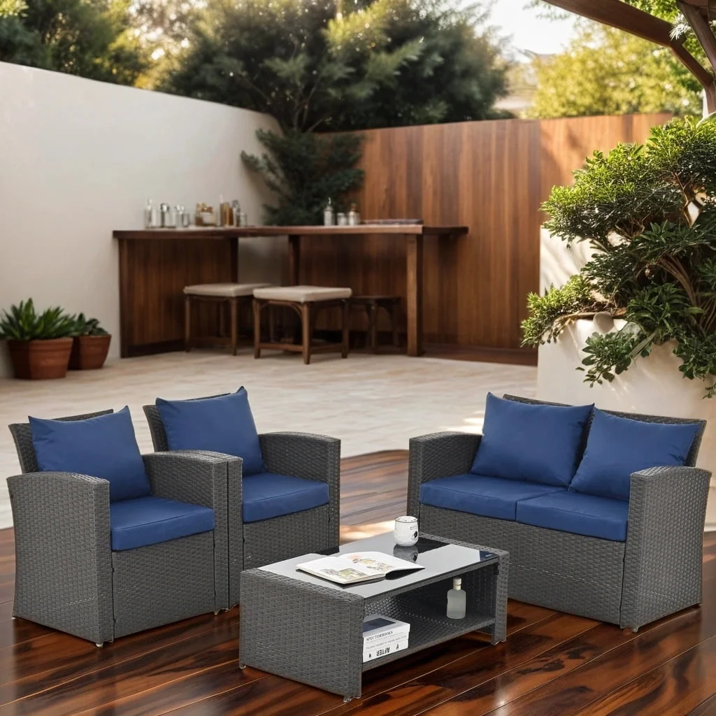 4 Pieces Patio Conversation Set, Outdoor Furniture Set with Cushion, Outside Sectional Rattan Wicker Sofa Furniture Set for Garden, Porch, Backyard, Gray - Image 14