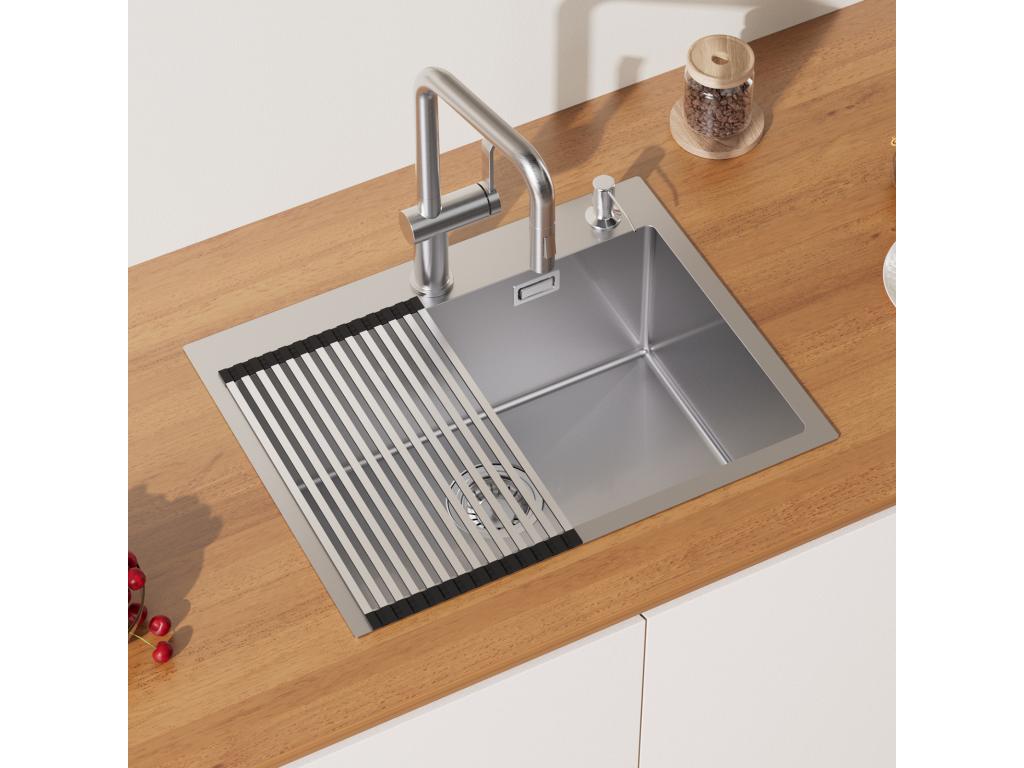 Fregadero Cocina 1 Bandeja Cepillado,58*45*18CM, Escurridor Enrollable,Dispensador Jabón+Grifo de Cocina Inox Extragible Rotativo 360 °,Negro