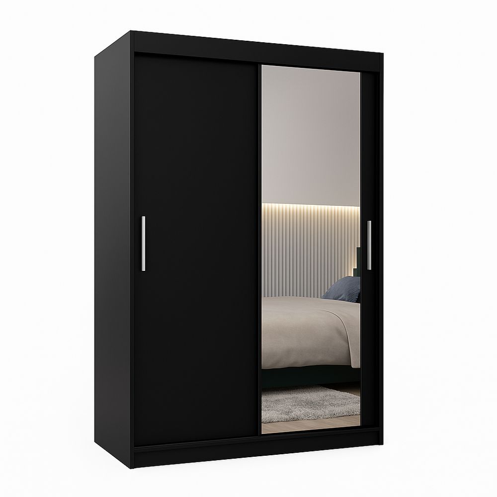 Armario deslizante moderno con espejo, almacenamiento amplio, diseño minimalista, color negro, elegancia contemporánea
