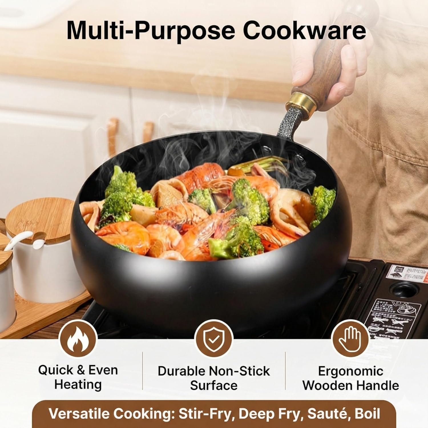 Japanese Cast Iron Wok Pan - Uncoated Healthy Cooking Pot with Lid, Japanese Cast Iron Pot, Hand-Hammered Uncoated Healthy Non Stick Frying Pans Made in Japan (Hand-Hammered + Wood Lid, 9.5'')