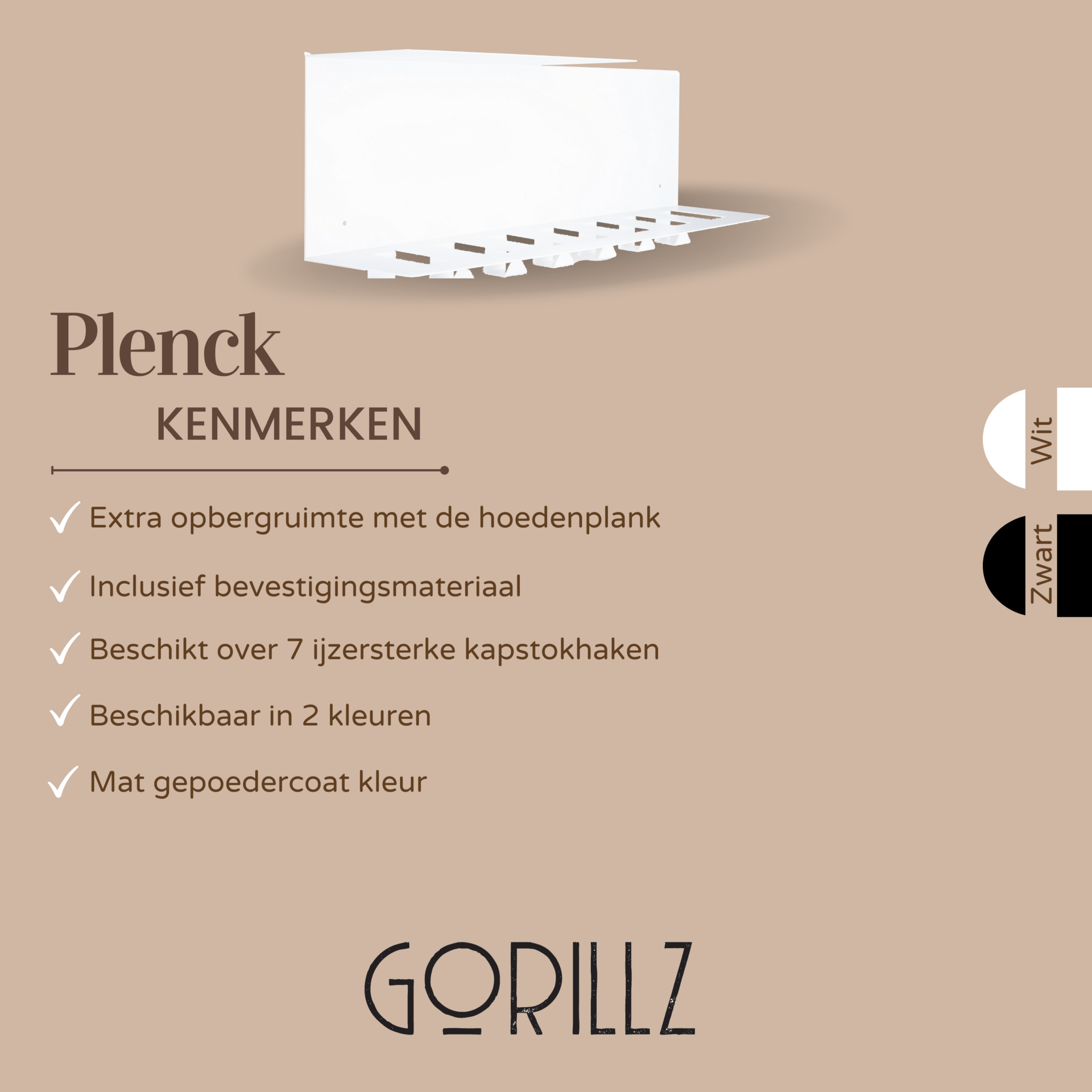 Gorillz Plenck - Wandkapstok met Hoedenplank - Kapstok - Wit