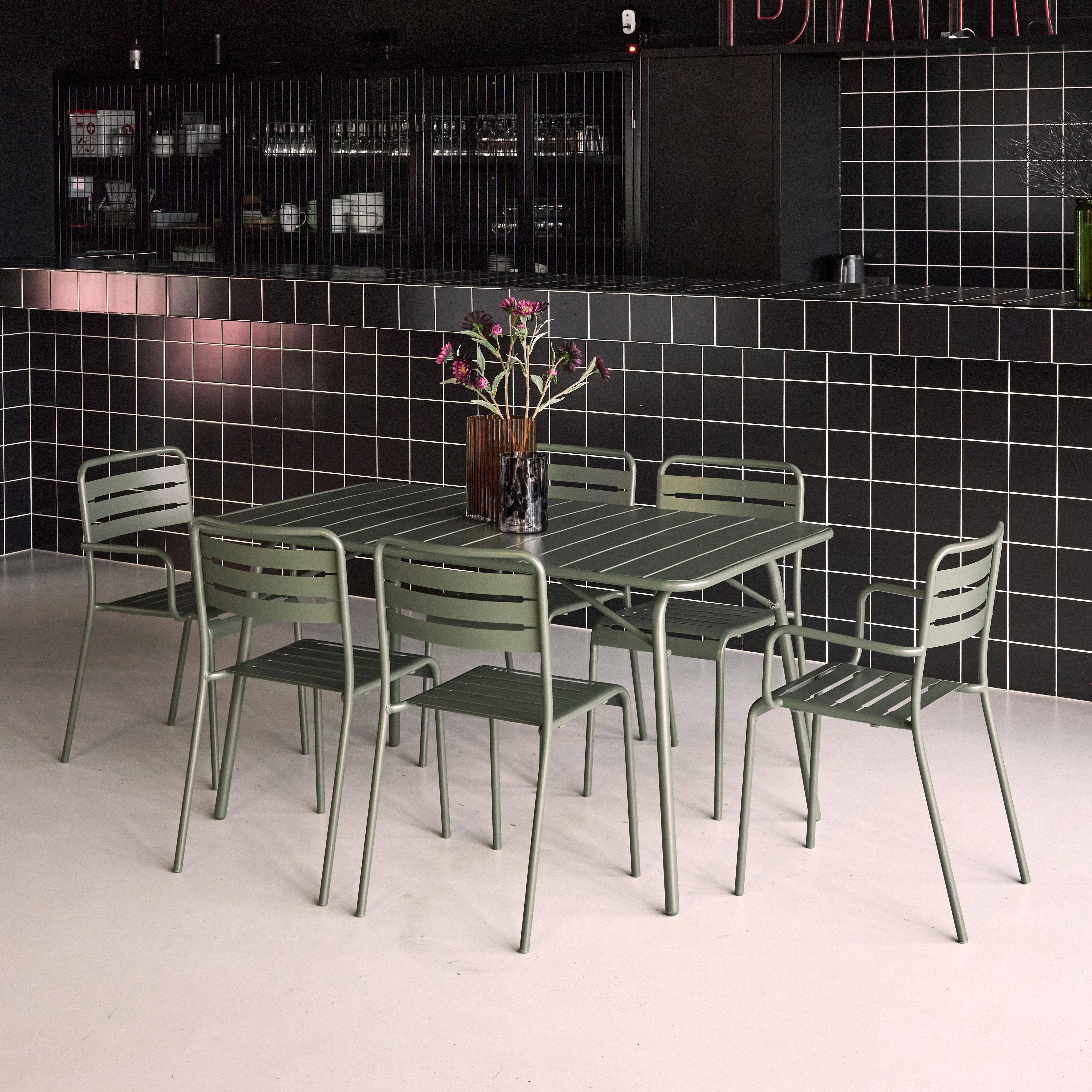 Amelia - Set mesa de jardín bistró plegable de acero con 2 sillones y 4 sillas, 140cm