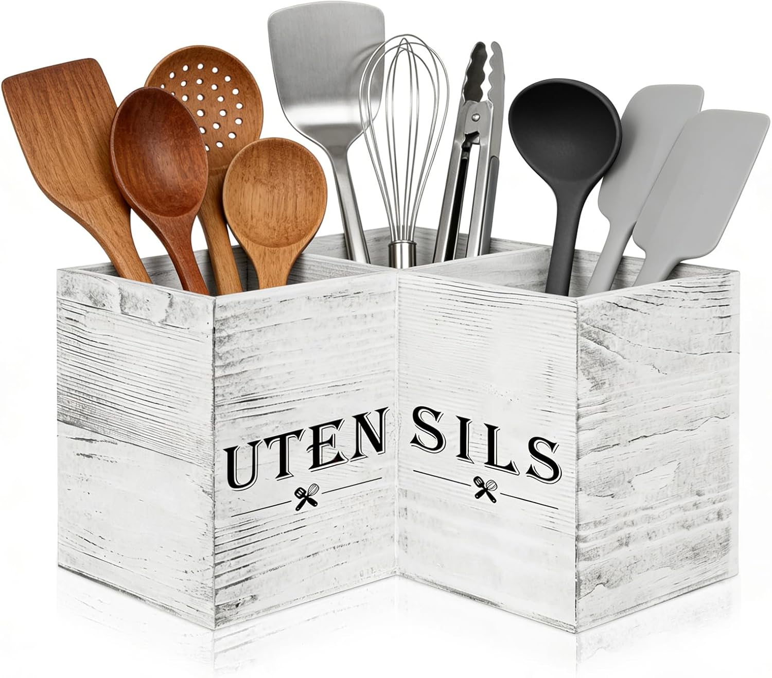 Extra Large Utensil Holder with 3 Compartments, Durable Wooden Utensil Organizer for Kitchen Countertop, Spatula and Spoon Holder Farmhouse Decor (White Grain)
