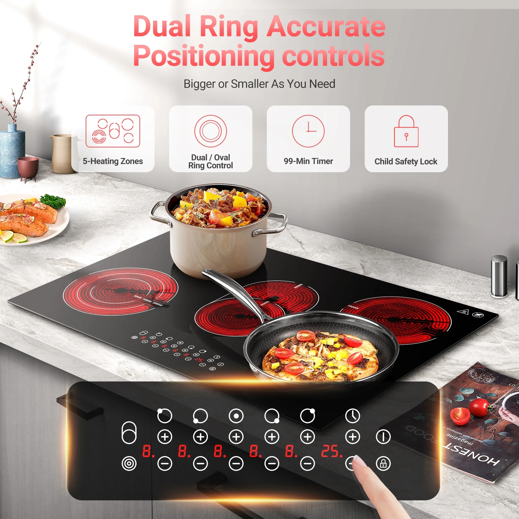 Sunmaki 30 Inch Electric Stove Cooktop 8500W Built-in Electric Stove Cooktop with 5 Burners, Sensor Touch Control Safety Lock,220-240v, Hard Wire, No Plug