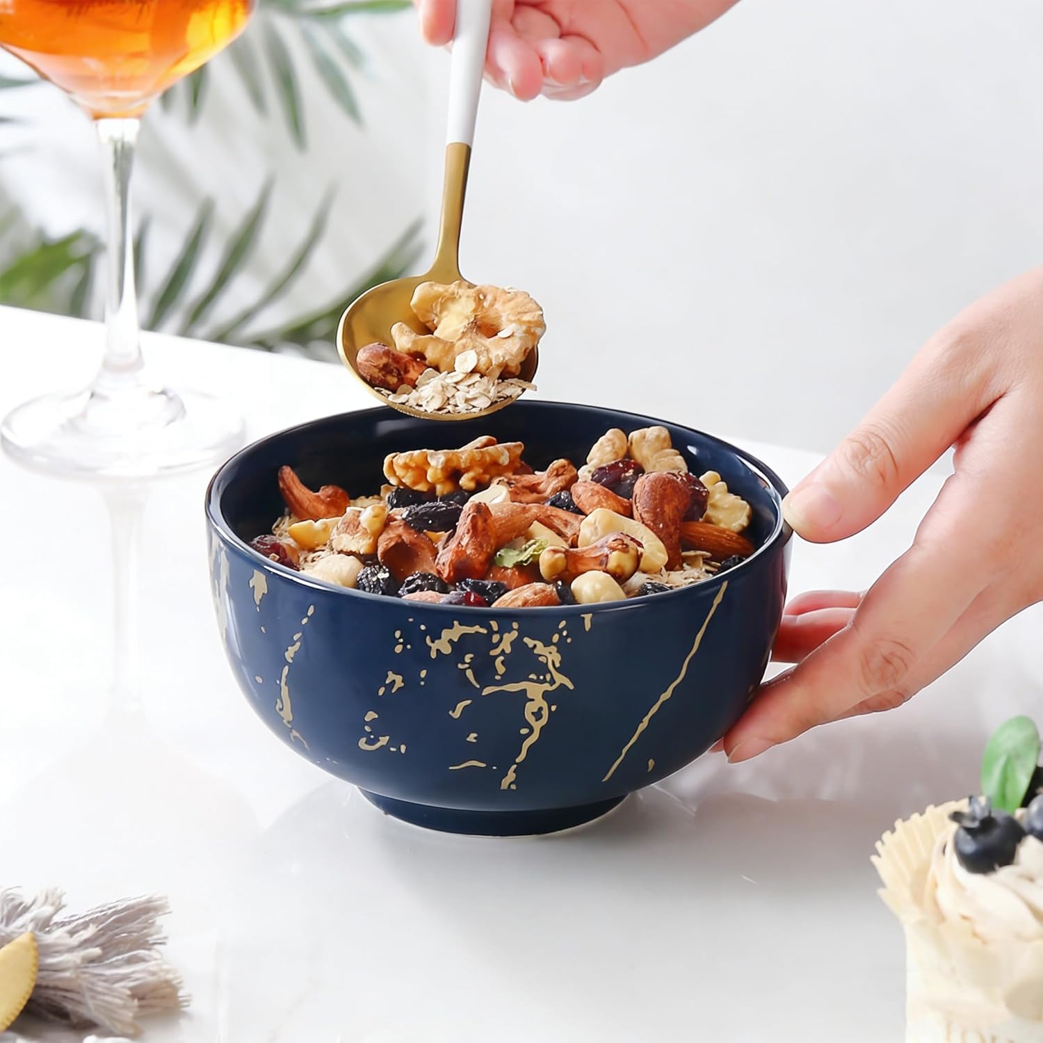 6-Piece Blue and Gold Marble Ceramic Bowls, 20 oz – Bohemian Soup & Cereal Bowl Set, Dishwasher & Microwave Safe, for Ramen, Pasta, Salad, Dessert