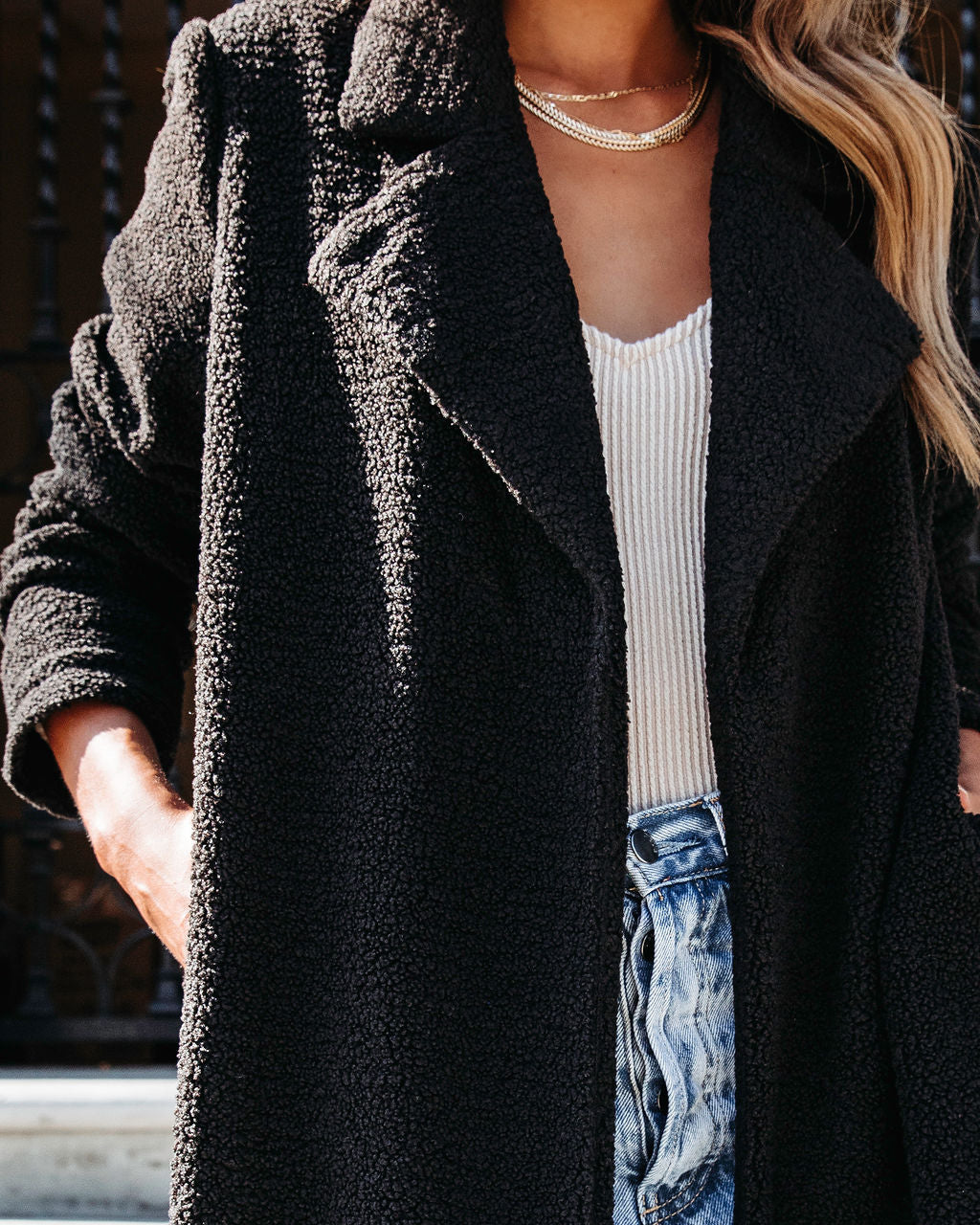 Living And Dreaming Pocketed Teddy Coat - Black - Se7enfashion