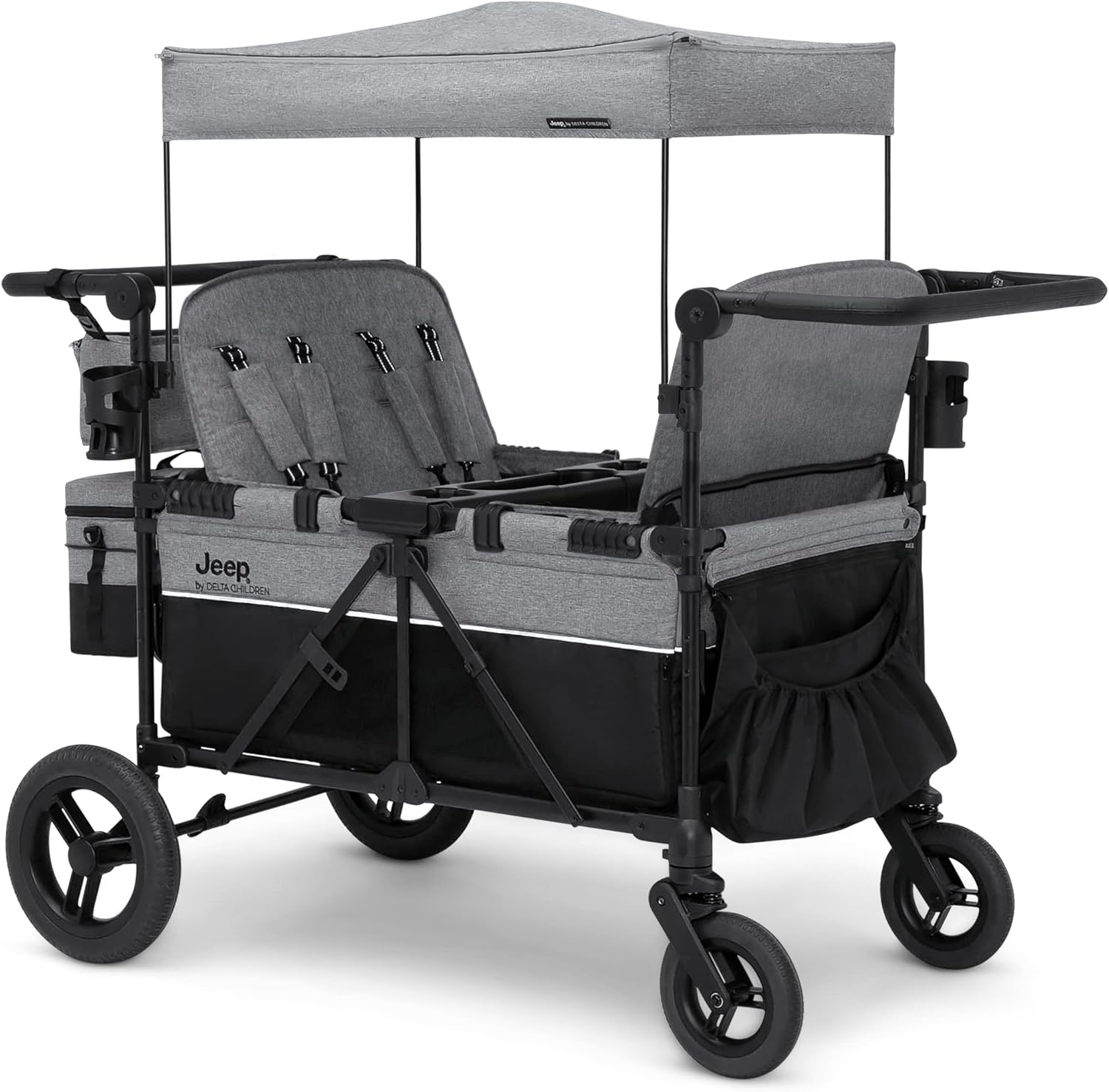 WAYFAIR Jeep Wrangler Deluxe 4 Seater Stroller Wagon By Delta Children - Premium Quad Stroller Wagon For 4 Kids With Convertible Seats, Adjustable Push/Pull Handles, Removable Canopy & Flat Fold, Grey