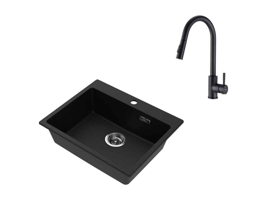 1 Bandeja Fregadero Cocina de Granito,55*45*20cm,Kit de Vaciado,Negro+Grifo de Cocina Negro, Acero Inoxidable Extragible Rotativo 360 °, 2 Fon