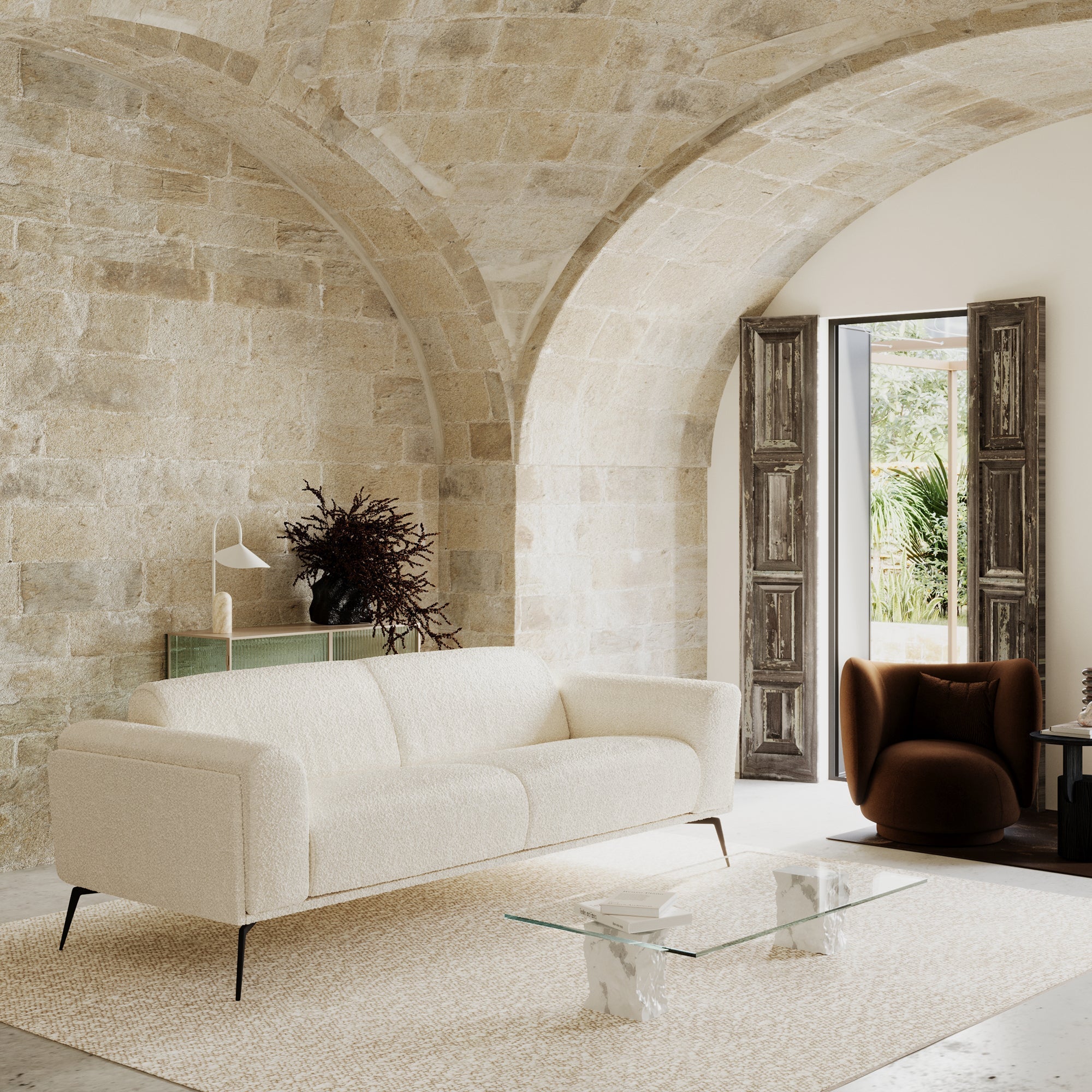 Rechte bank SWANN 3 personen Bouclette stof Crème