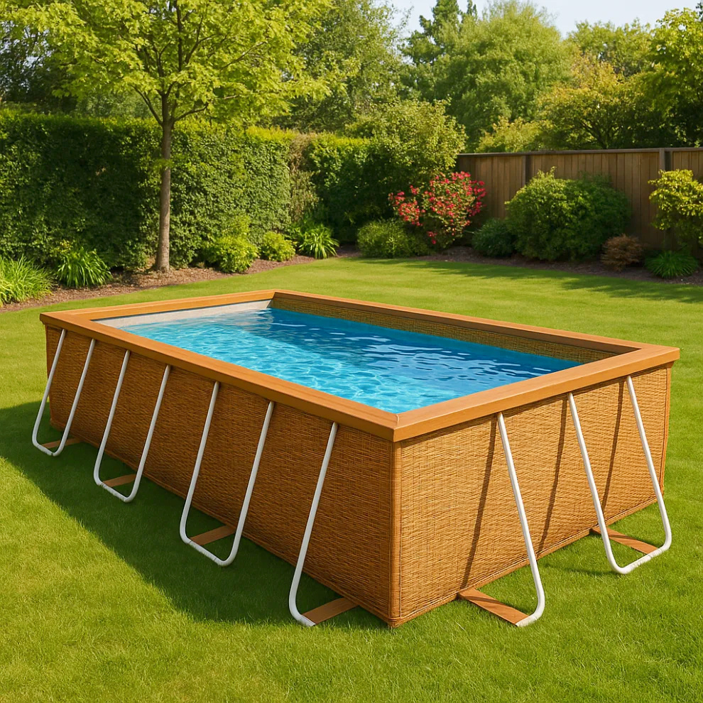 Rectangular Sí Piscina PVC Metal Jardín Piscina tubular rectangular marrón ratán PVC y metal para jardín 404x201x100 cm UisrpAr656Qo