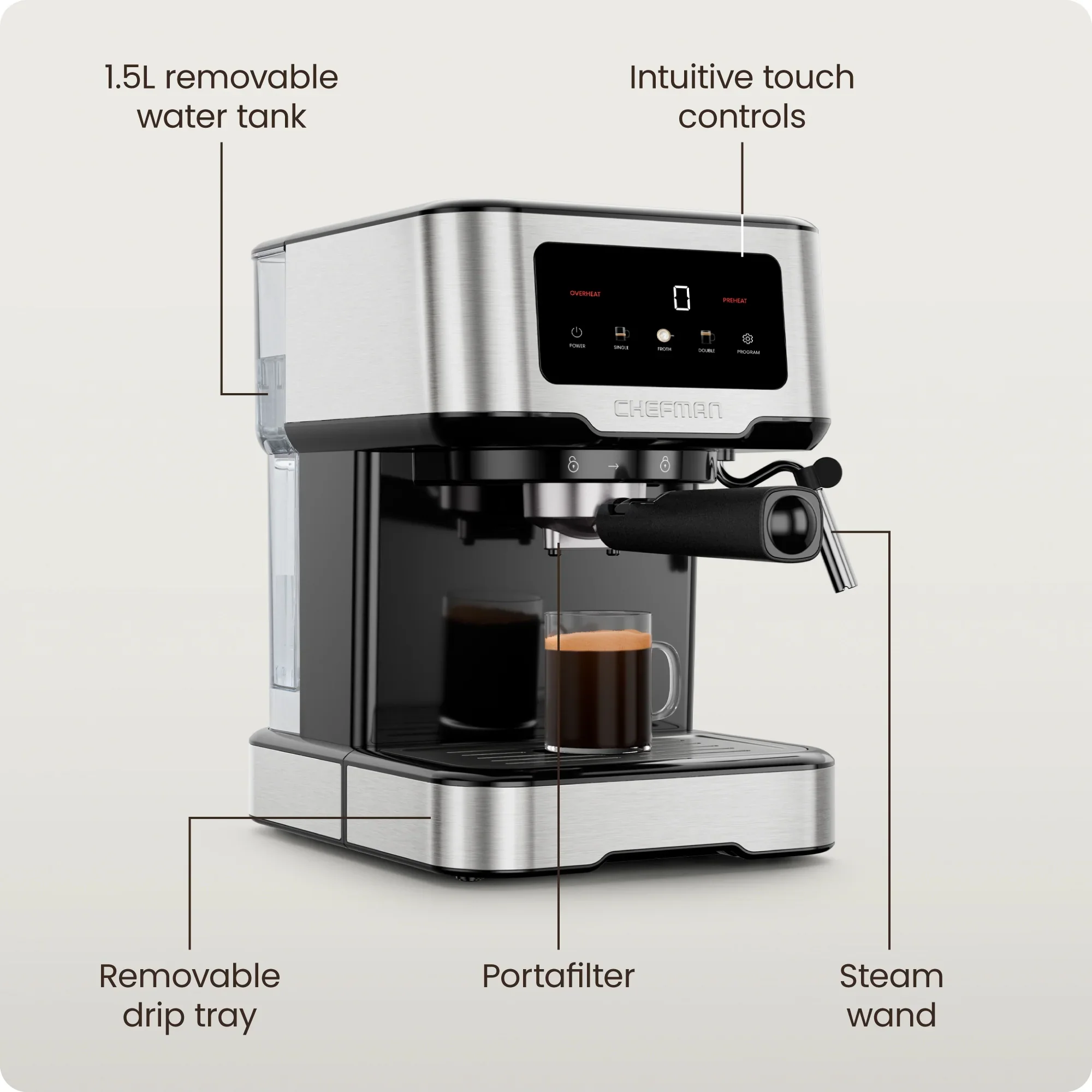 Chefman CraftBrew Espresso Machine w/ Steam Wand and Touch Controls �C Stainless Steel