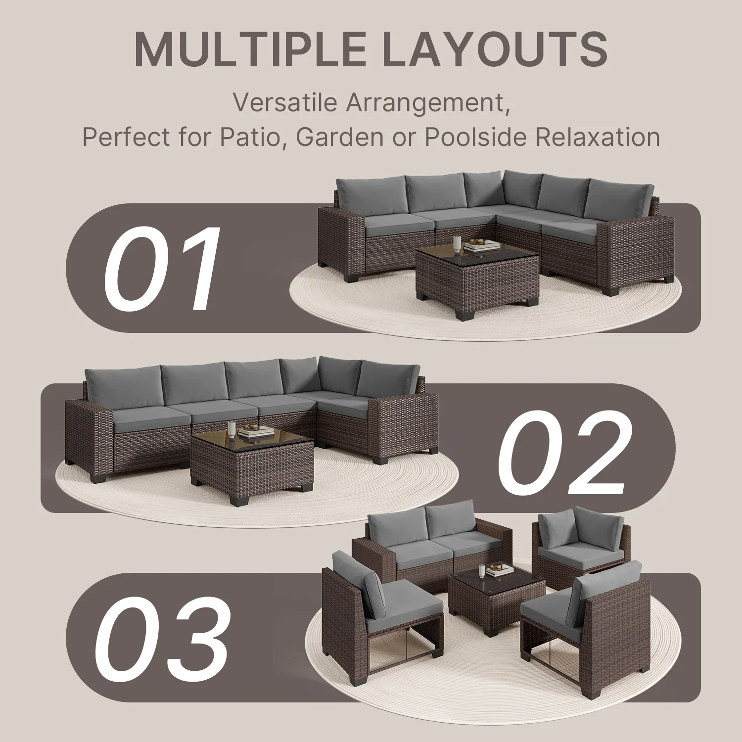 Aiho 7-Piece Rattan Patio Furniture Set , Outdoor Sectional Furniture Set for Patio, Garden, Backyard, Grey - Image 19