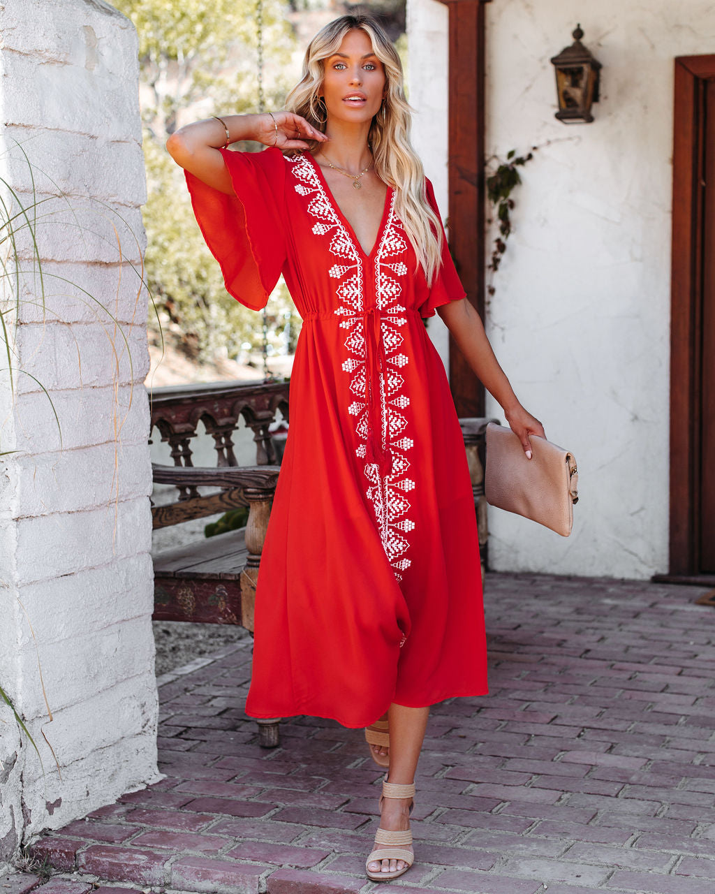 Presidio Embroidered Tassel Midi Dress - Tomato Red - FINAL SALE - Se7enfashion