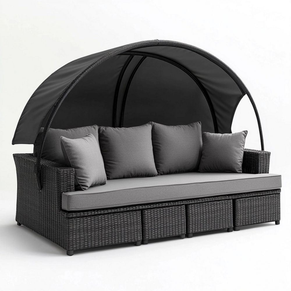 Sofá Exterior Rattan Jardín Relajación Techo 210cm Gris/Negro
