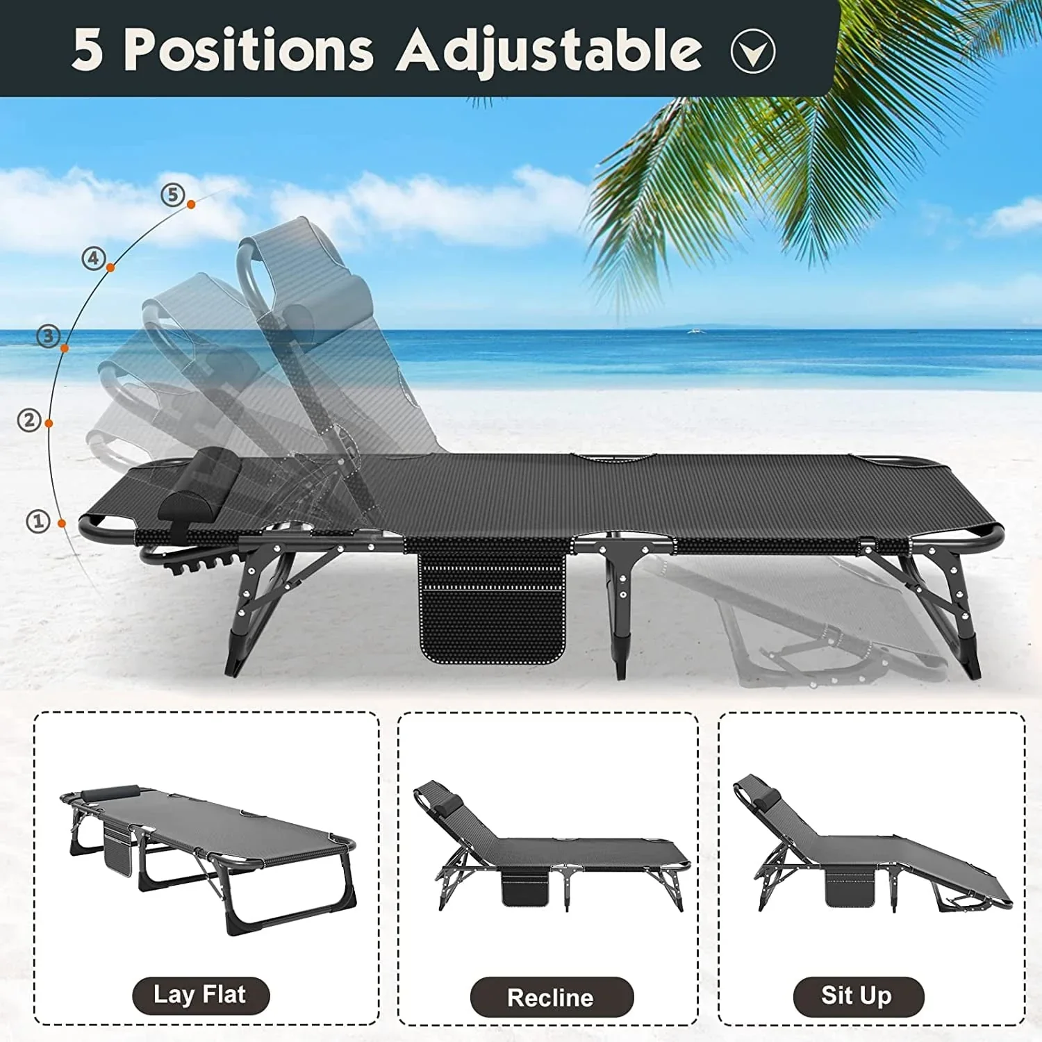 Slsy 4-Fold Folding Camping Cot with 2 Sided Mattress & Pillow, Adjustable 5-Position Folding Lounge Chair, Folding Sleeping Cots