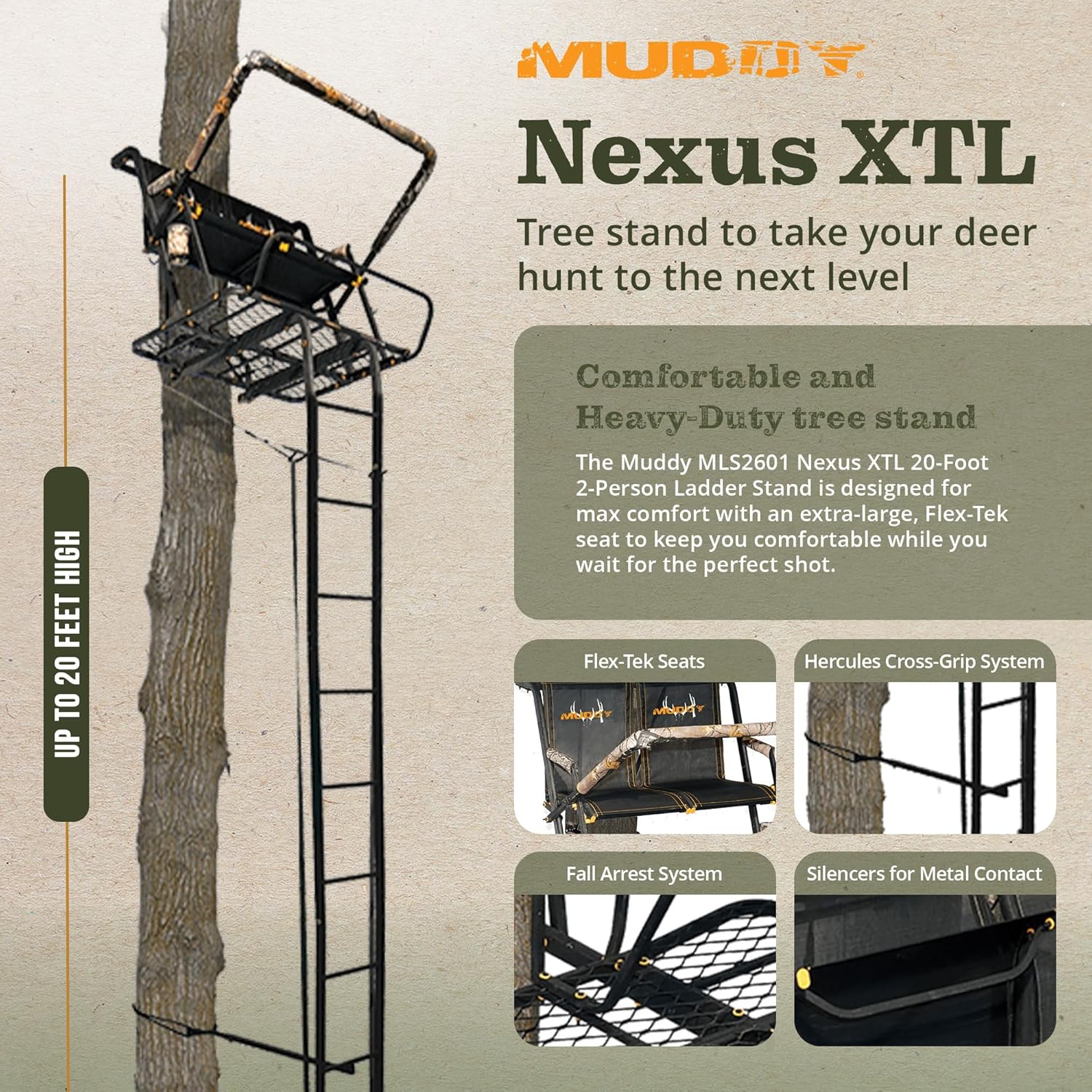 MUDDY Nexus XTL Ladder Tree Stand, 20ft, 500lb Capacity, 2-Person