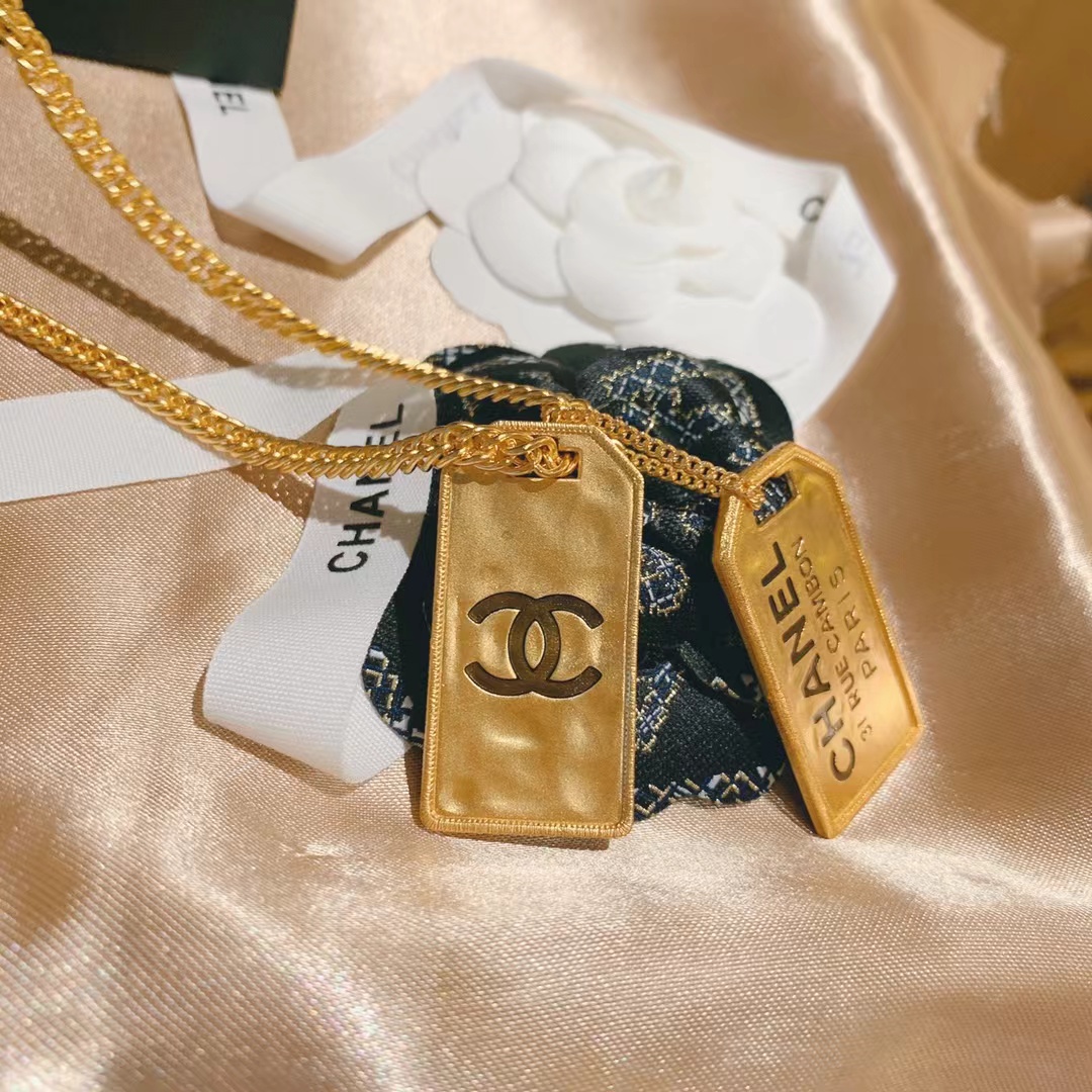 Chanel Unisex Thick Cuban Chain Rectangle Tag Pendant Necklace - Original Replica Club