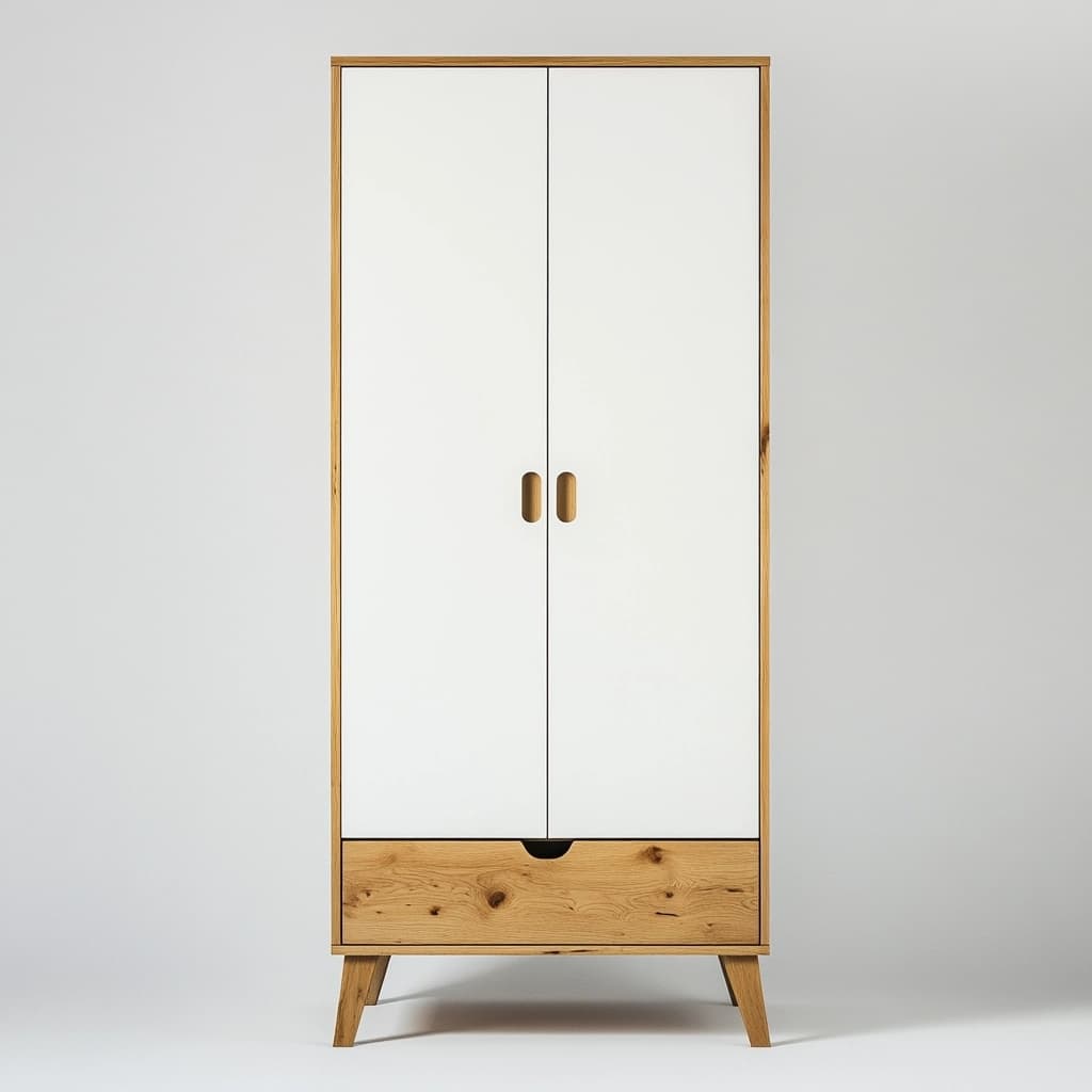 Armario de dormitorio moderno blanco y madera maciza con puertas dobles y cajón de almacenamiento estilo nórdico 180x90x50 cm