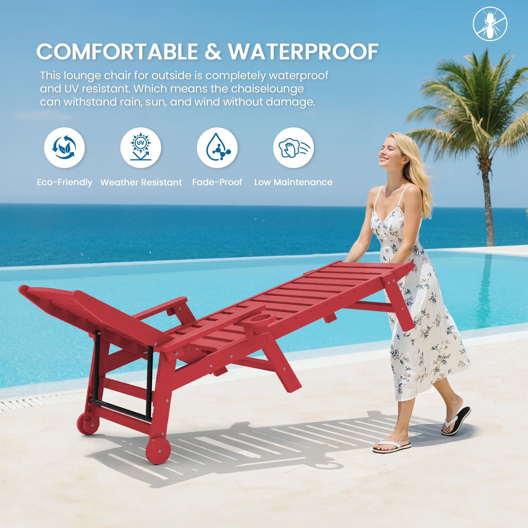 SERWALL Patio Chaise Lounge Chair, 78'' HDPE Outdoor Lounge Chair 5 Positions Pool Lounger Navy Blue - Image 28