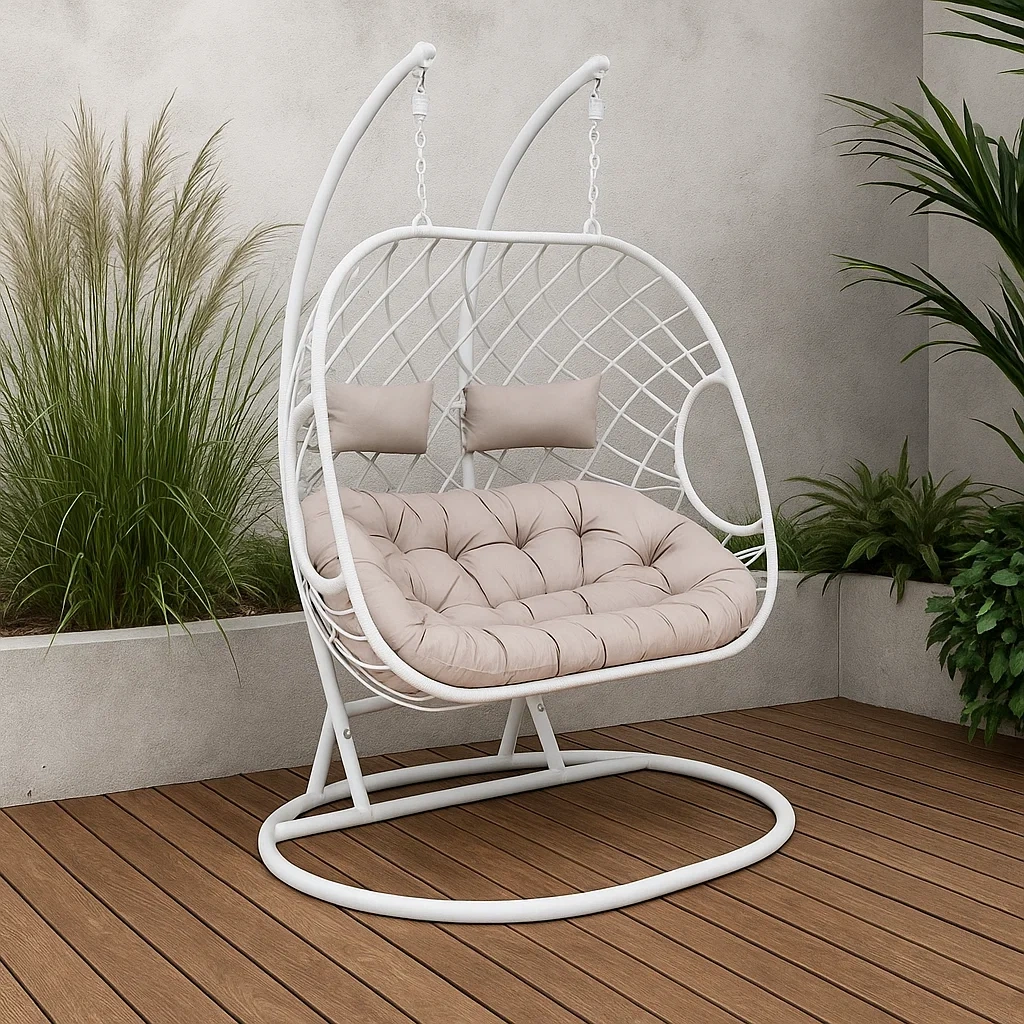 Sillón Colgante de 2 Plazas con Estructura Metálica Blanca y Resina Trenzada, Cojines Grises - WiLtEGP252qj