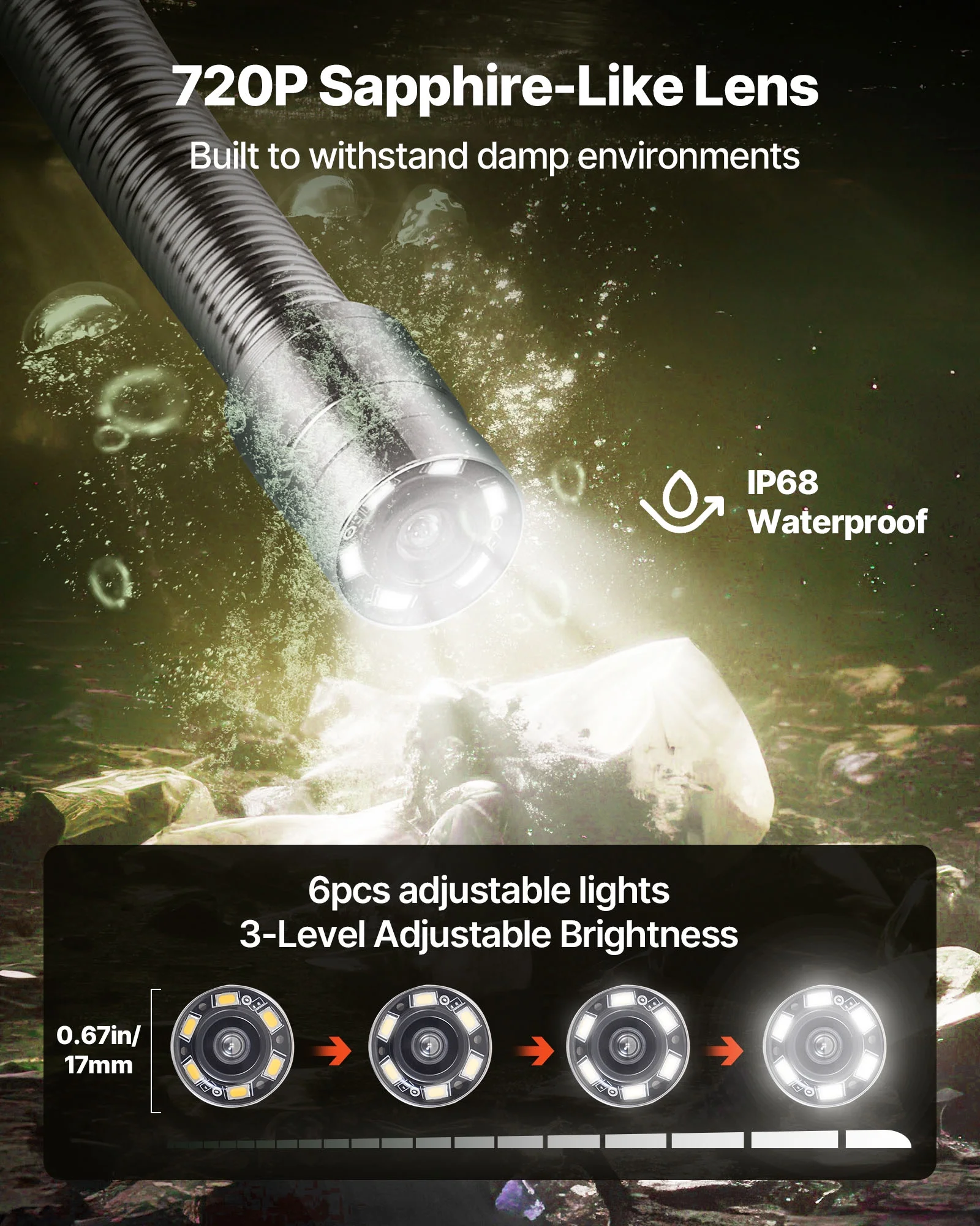 VEVOR Sewer Camera, 164 ft/50m, 4.3" Drain Inspection Camera, IP68 Waterproof Snake Plumbing Camera with Lights - 6 Adjustable LEDs, 4500mAh Battery & 16GB Card for Sewer Line Duct Pipes - Image 3