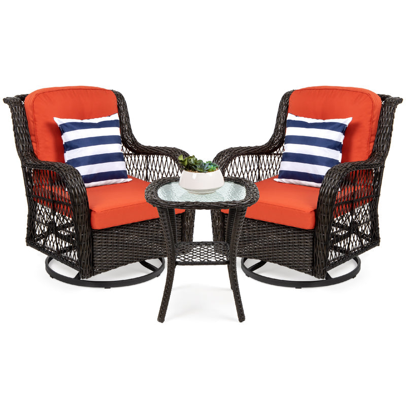 3-Piece Patio Wicker Bistro Furniture Set w/ 2 Swivel Rocking Chairs, Table