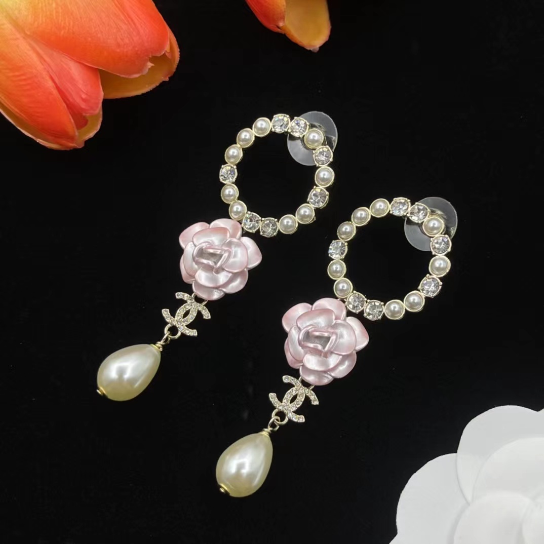 Chanel Pink Camellia Pearl Dangle Earrings - Original Replica Club