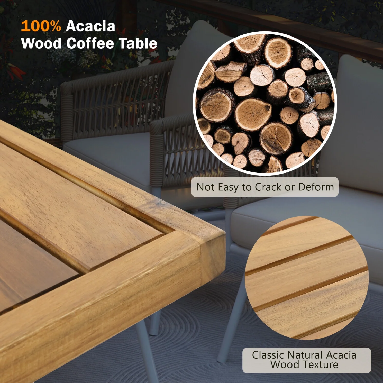 4-Piece Rope Patio Furniture Set with Ajustable Feet, Boho Rope Outdoor Conversation Set with Wood Table, Sofa Seating Set with Thick Cushion for Backyard Lawn Garden, Beige - Image 6