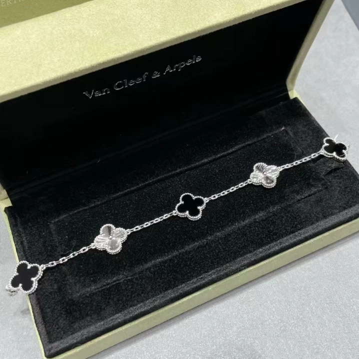 VCA Black Onyx & Silver Vintage Alhambra Bracelet, 5 Motifs - Original Replica Club