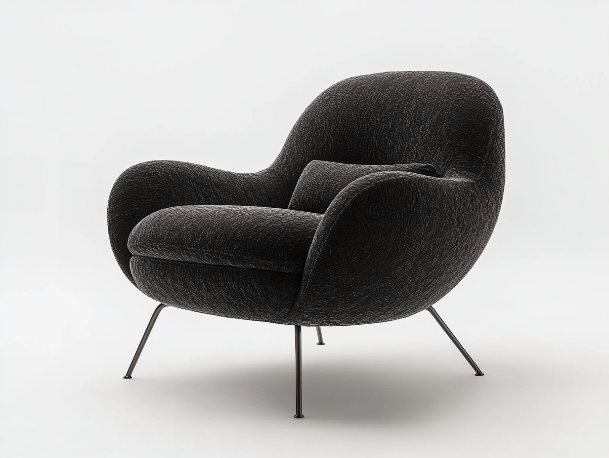 Sillón tapizado en tela negra con patas metálicas curvadas