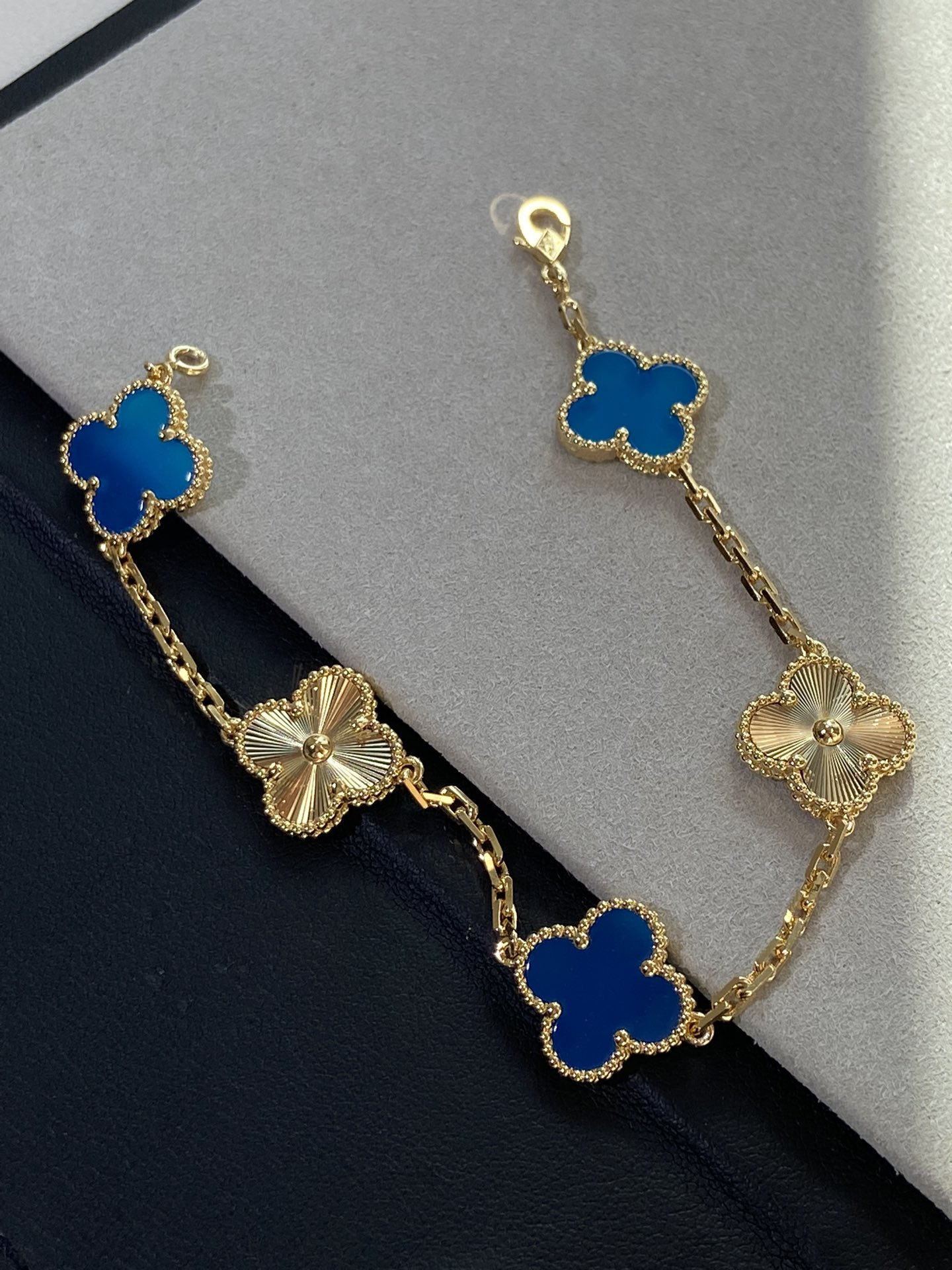 VCA Blue Agate and Gold Guilloche Clover Vintage Alhambra Bracelet 5 Motifs - Original Replica Club