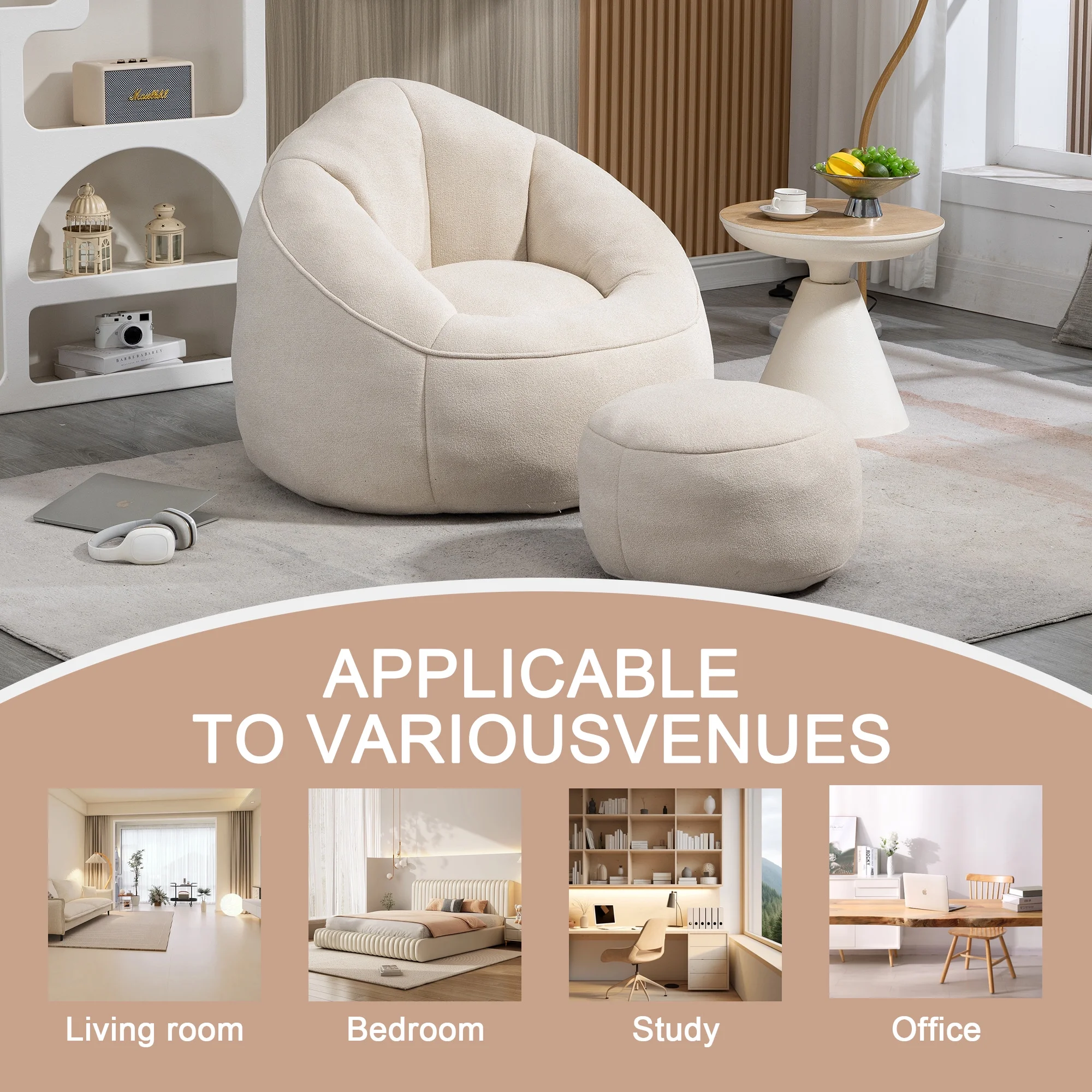 MOONMISS Microfiber Upholstered High Pressure Foam Round Lazy Bean Bag Sofa Chair with Ottoman-Gray - Image 31