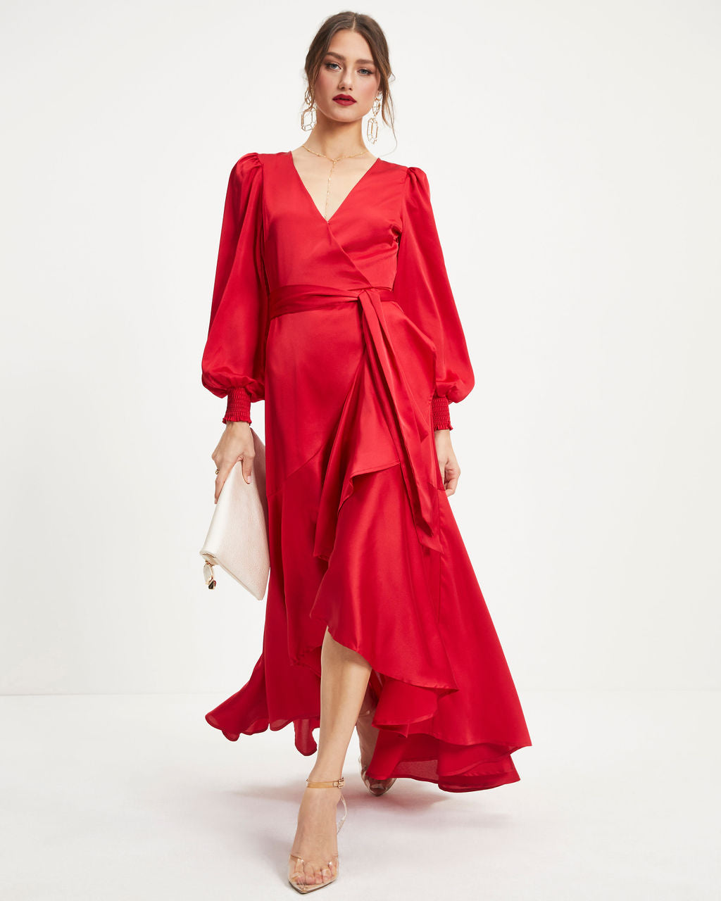 Irresistible Desire Satin Ruffle Maxi Dress - Red - Se7enfashion