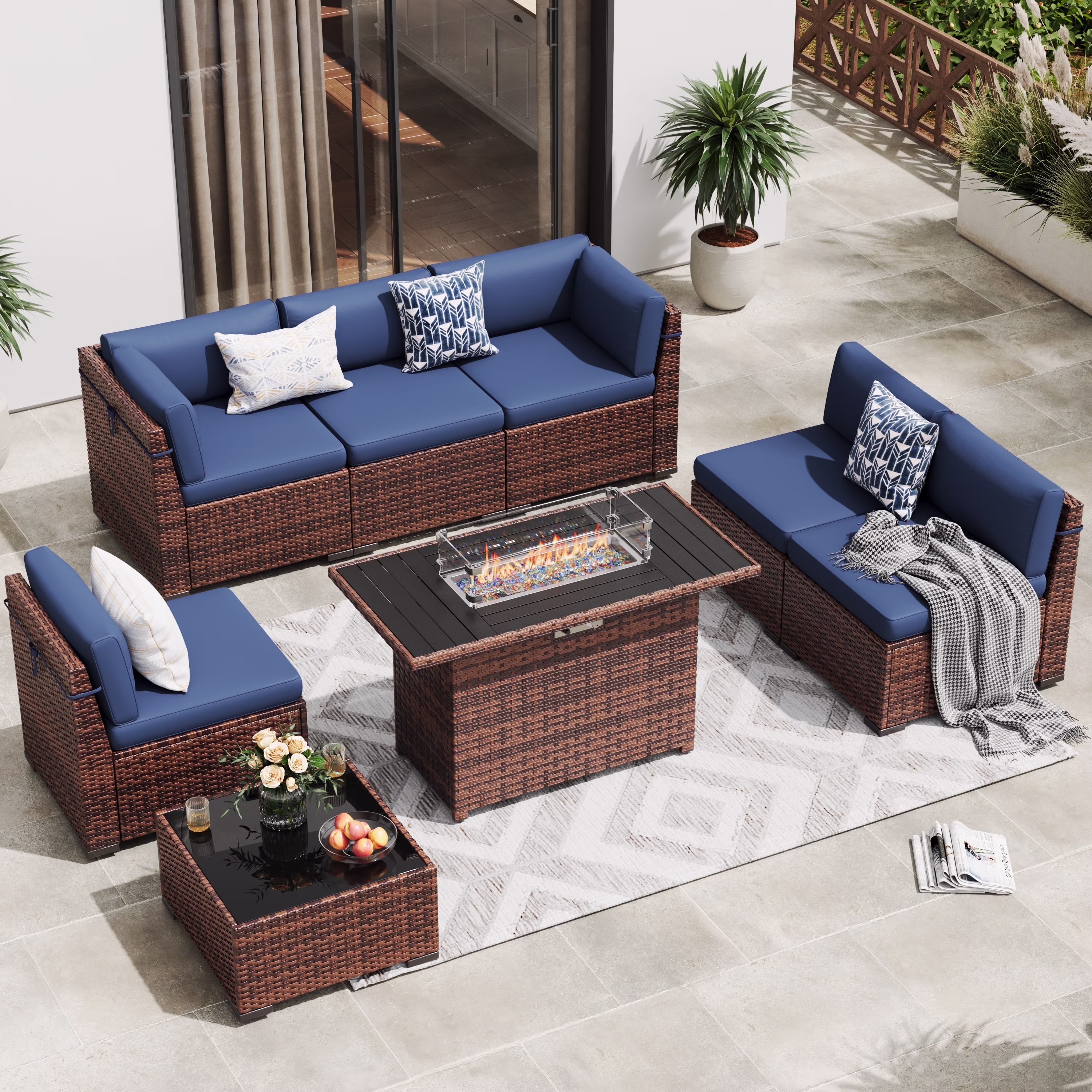 MRUAKA 8 Pieces Patio Furniture Set with Fire Pit Table, Outdoor Furniture Sectional Rattan Sofa with Slanted Back, Patio Couch with Glass Coffee Table for Backyard Garden (Dark Grey) - Image 9