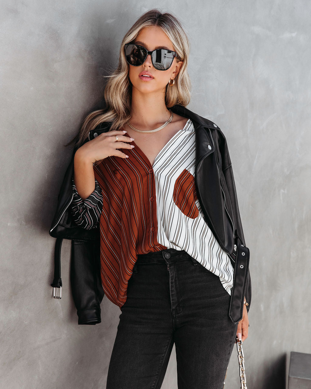 By All Means Striped Coloblock Button Down Top - Se7enfashion