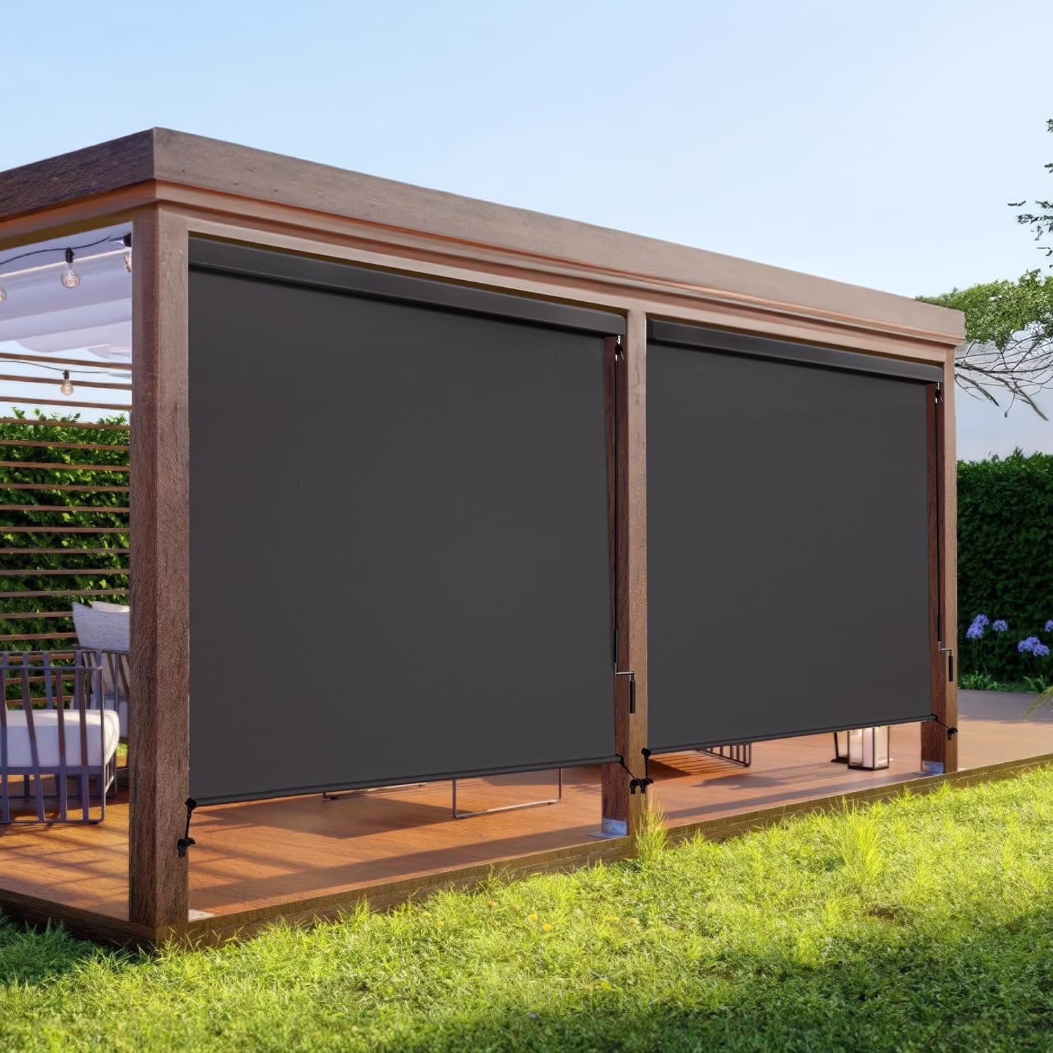 Superjoe Outdoor Roller Shade for Patio, Cordless Blackout Waterproof Blind, UV Block, 4'L x 6'W(6'L x 6'W/Brown)