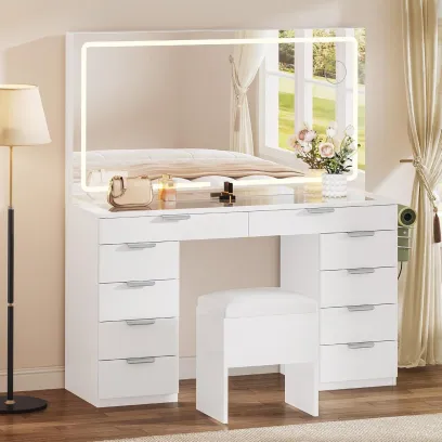 Vanity Set with LED Mirror, 10 Drawers, Stool Included